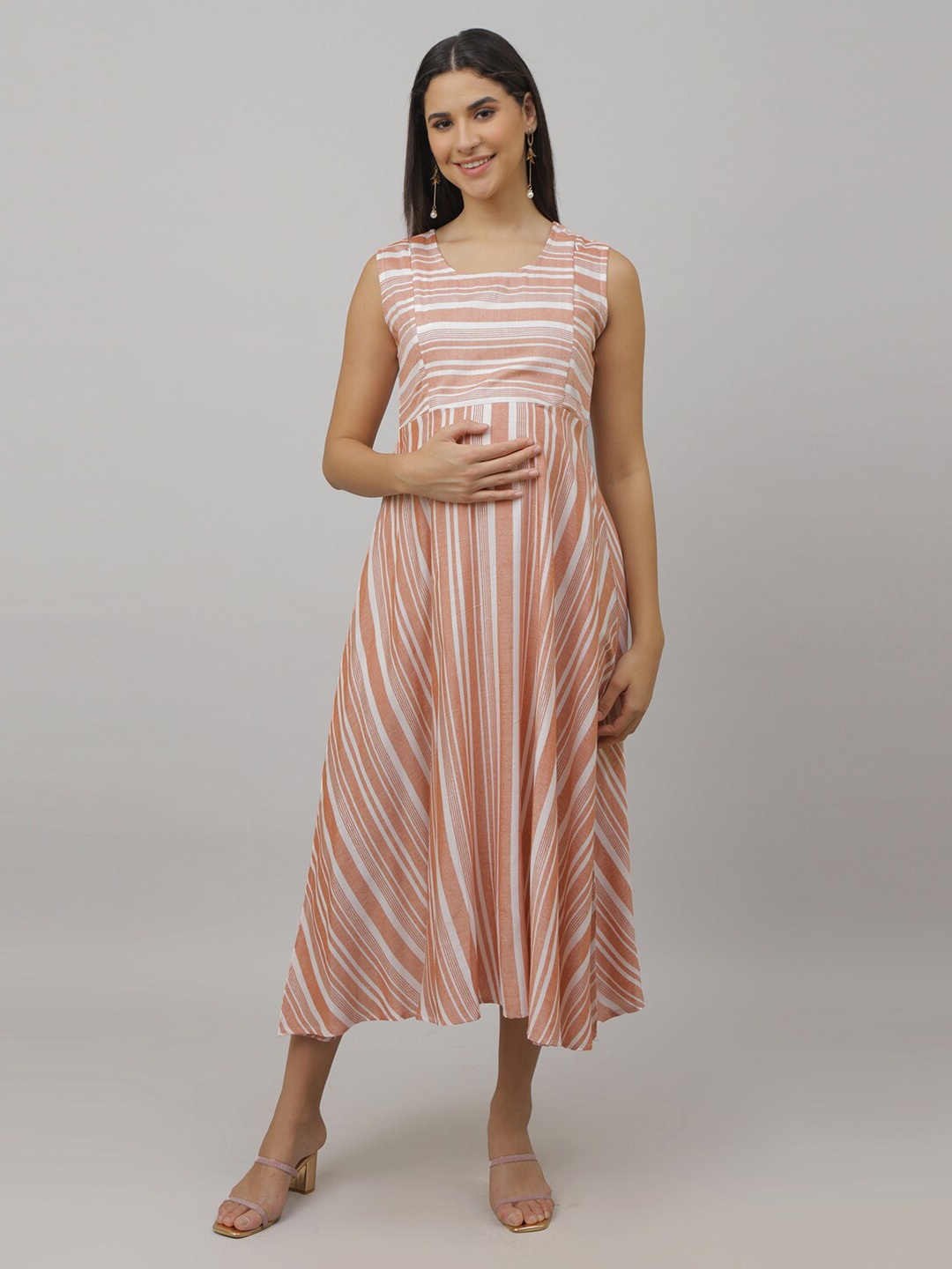

The Mom Store Striped Maternity A-Line Midi Dress With Long Jacket, Rust