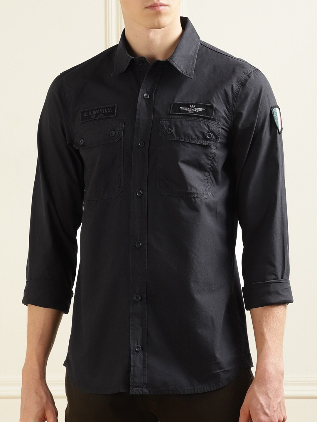 

Aeronautica Militare Spread Collar Opaque Casual Shirt, Black