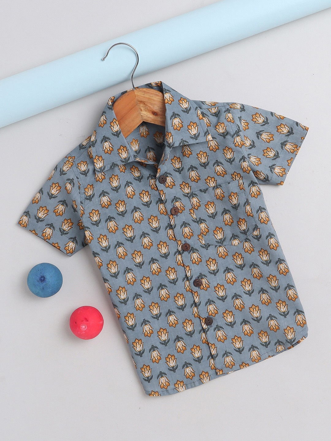 

The Magic Wand Boys Floral Printed Slim Fit Casual Cotton Shirt, Grey