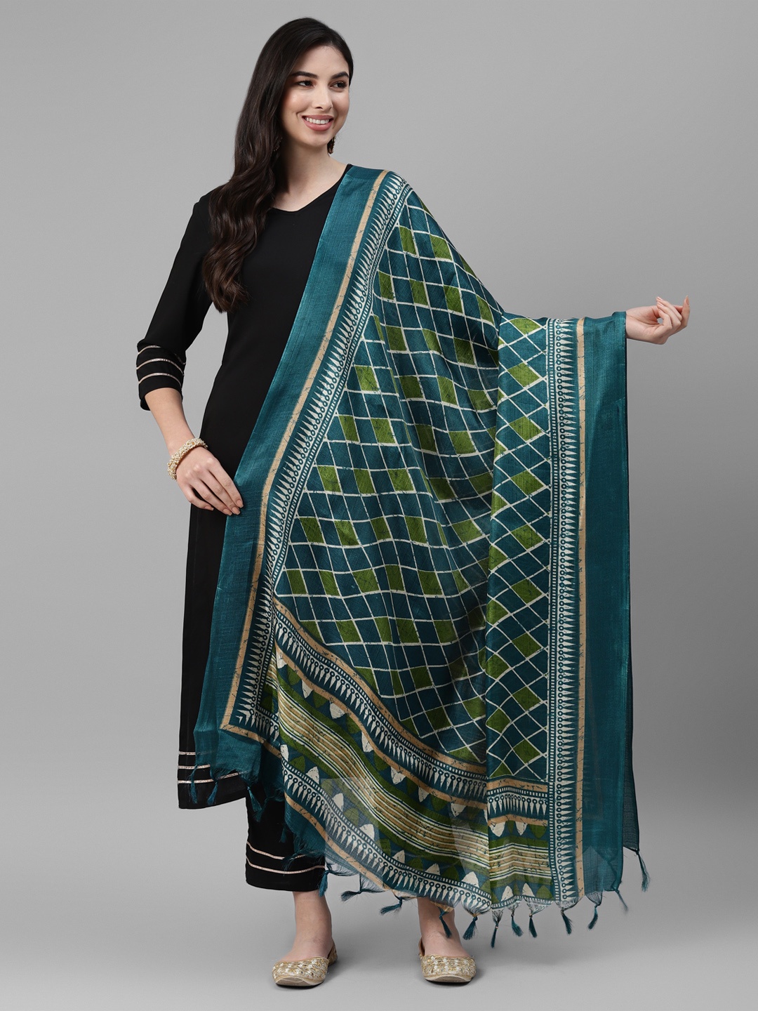 DEEBACO Geometric Printed Dupatta, Turquoise blue