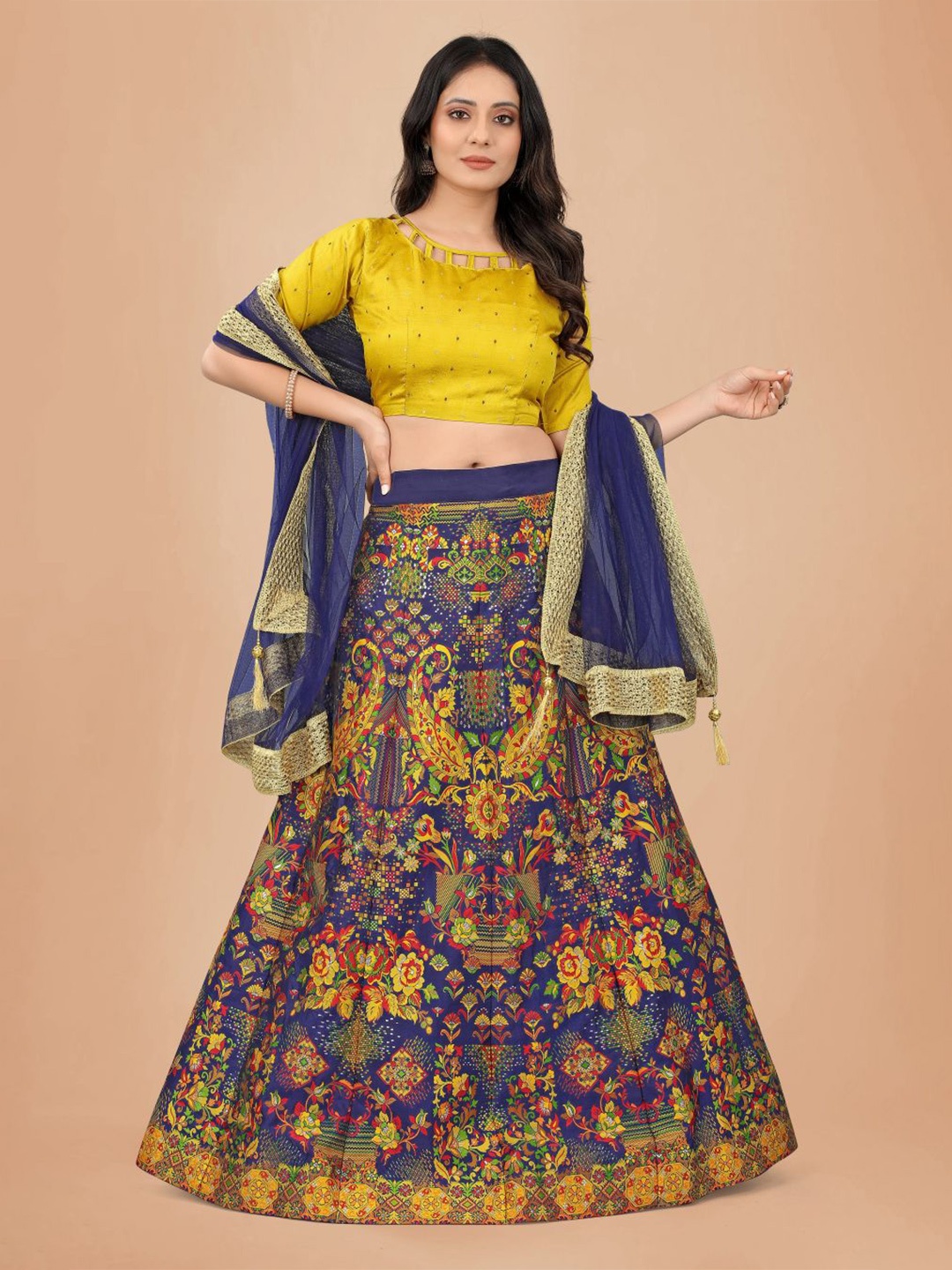 

DEETYA ARTS Printed Semi-Stitched Cotton Lehenga Choli With Dupatta, Navy blue