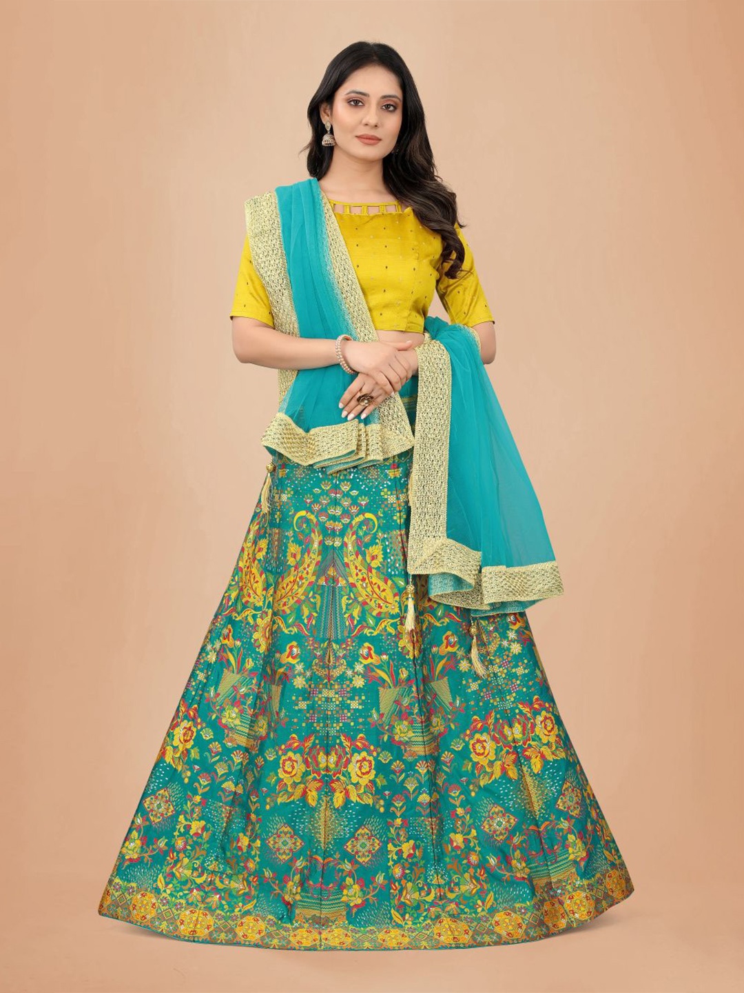 

DEETYA ARTS Printed Semi-Stitched Cotton Lehenga Choli With Dupatta, Blue