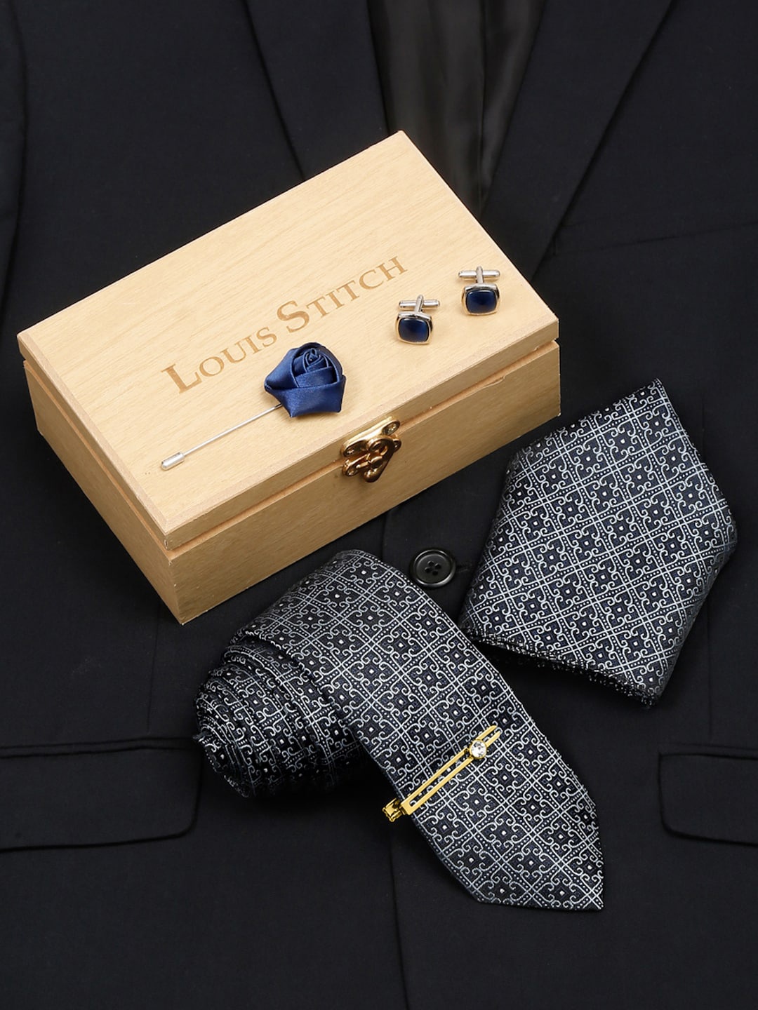 

LOUIS STITCH Men Italian Silk Necktie Accessory Gift Set, Blue