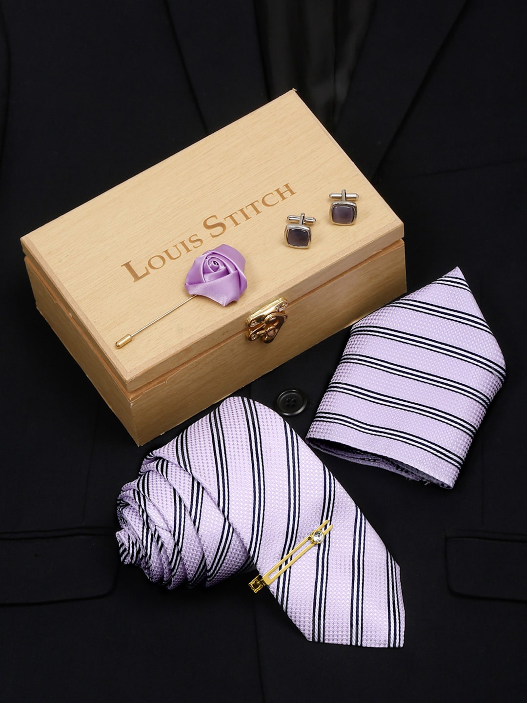 

LOUIS STITCH Men Italian Silk Necktie Accessory Gift Set, Lavender