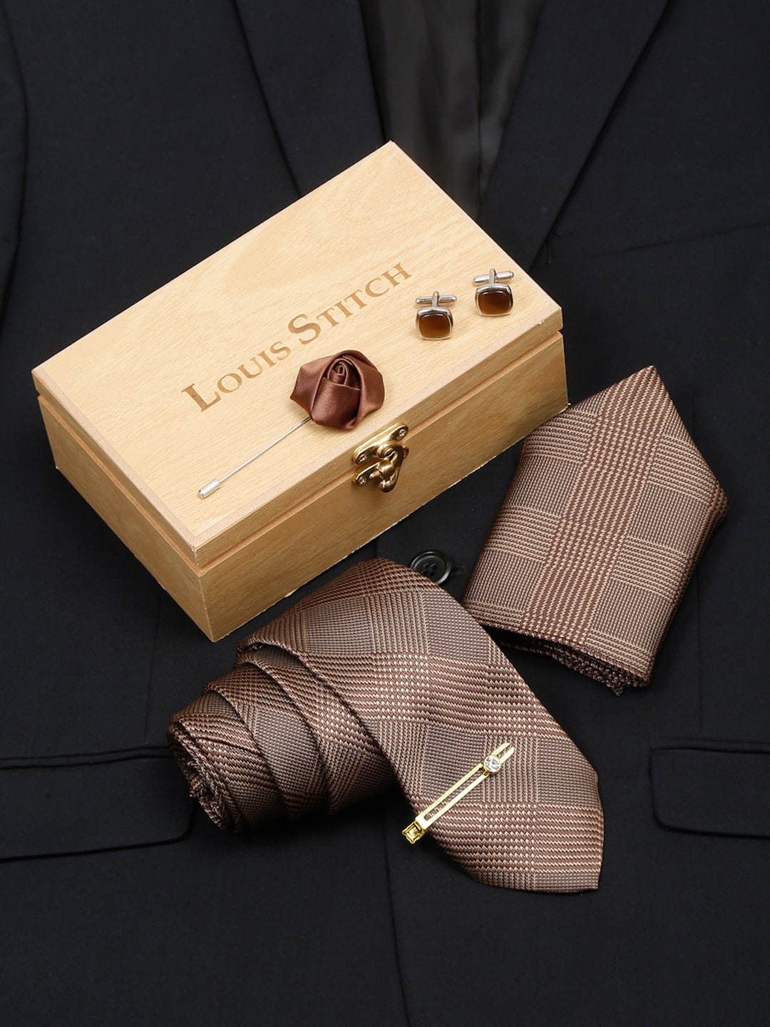 

LOUIS STITCH Men Italian Silk Necktie Accessory Gift Set, Brown