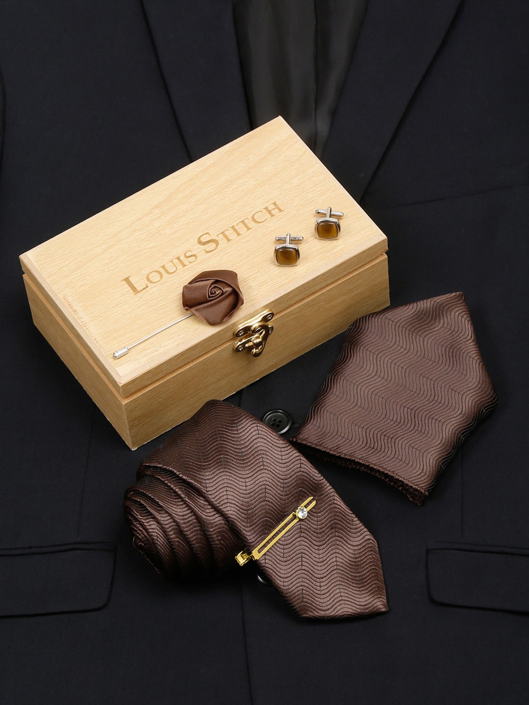

LOUIS STITCH Men Van Dyke Brown Italian Silk Necktie Accessory Gift Set, Coffee brown