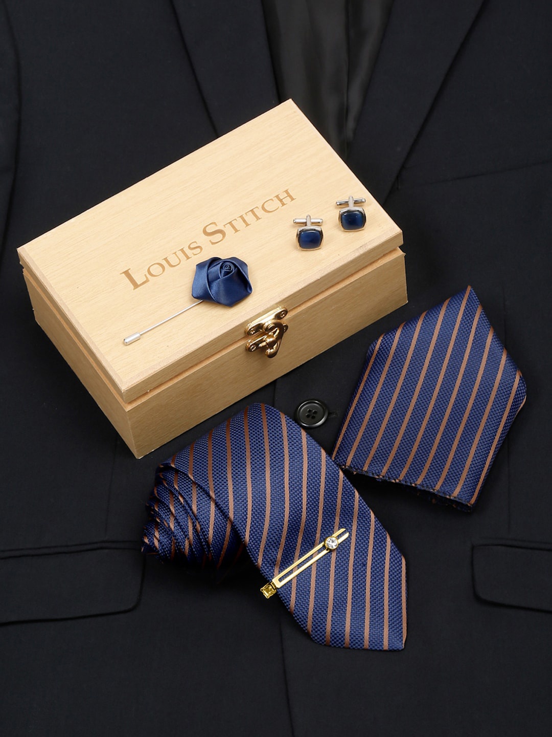 

LOUIS STITCH Men Royal Blue Italian Silk Necktie Accessory Gift Set, Navy blue
