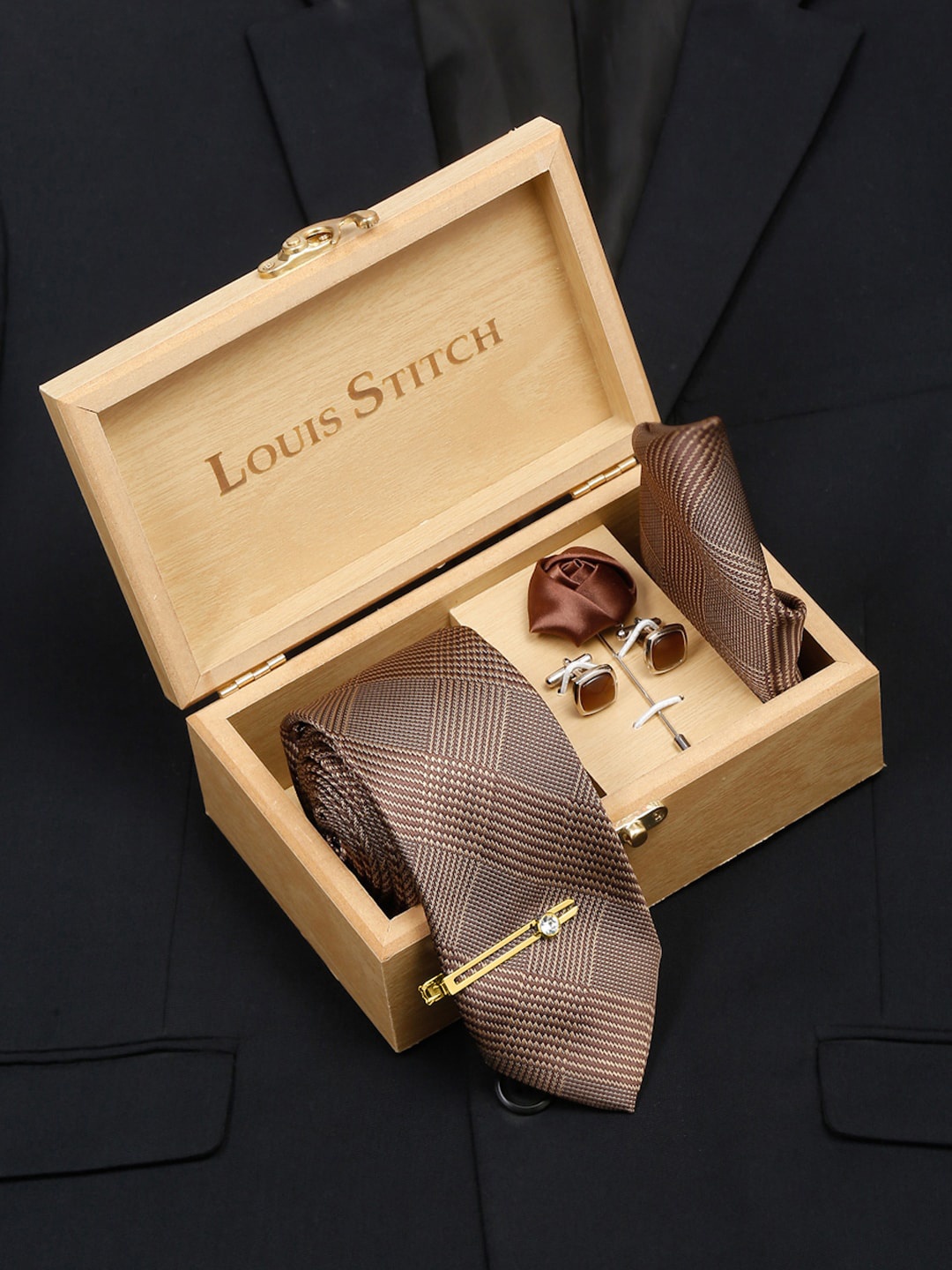 LOUIS STITCH Men Italian Silk Accessory Gift Set, Brown