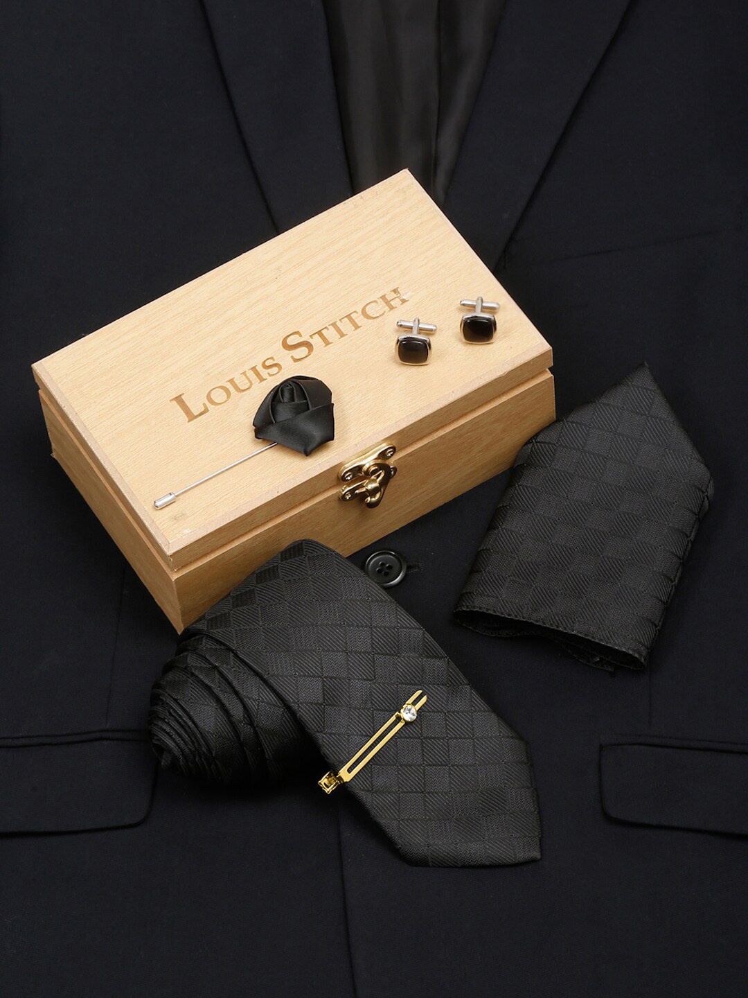 

LOUIS STITCH Men Italian Silk Necktie Accessory Gift Set, Black