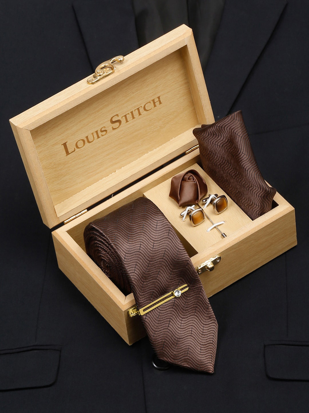 

LOUIS STITCH Men Van Dyke Brown Italian Silk Necktie Accessory Gift Set
