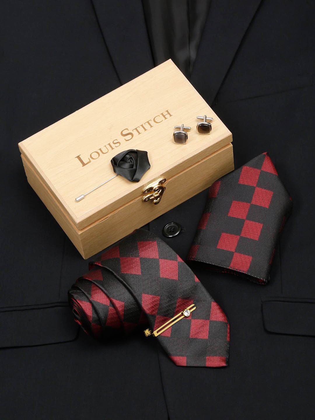 

LOUIS STITCH Men Italian Silk Necktie Accessory Gift Set, Black