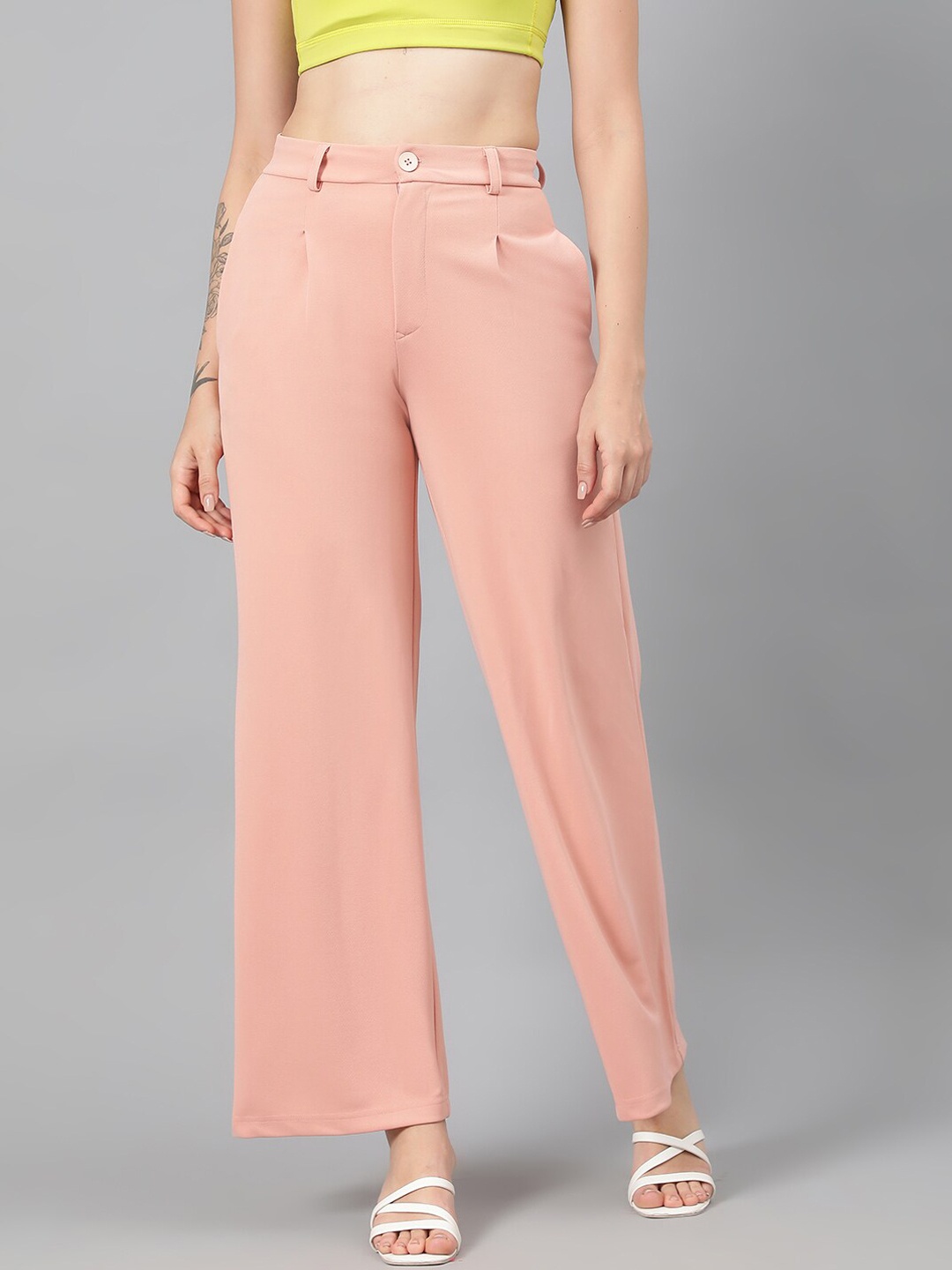 

Kotty Women Pink Relaxed Straight Leg Fit High-Rise Easy Wash Parallel Trousers