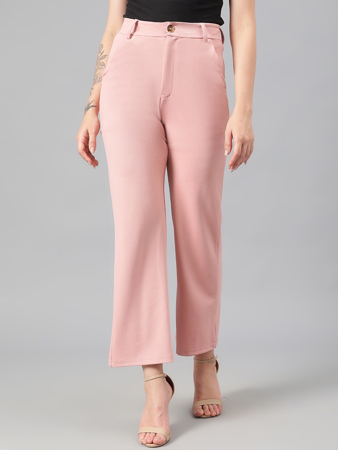 

Kotty Women Pink Relaxed Straight Leg Fit High-Rise Easy Wash Parallel Trousers