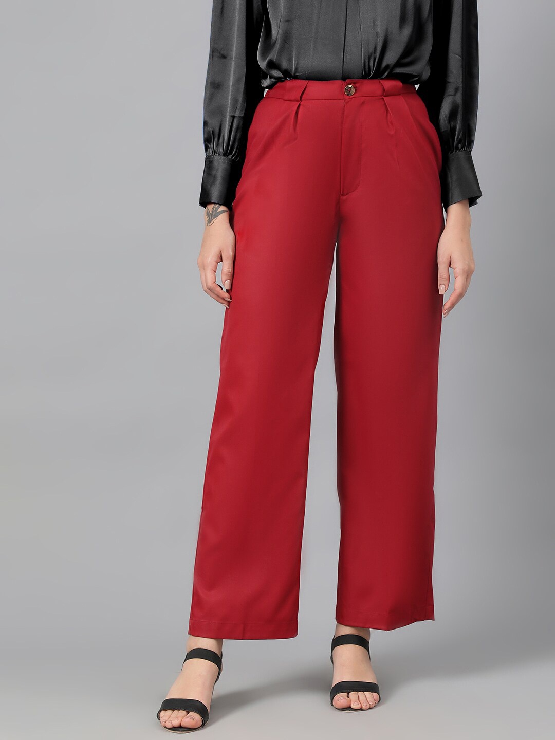 

KOTTY BIZwear Women Maroon Relaxed Straight Leg Fit High-Rise Easy Wash Parallel Trousers