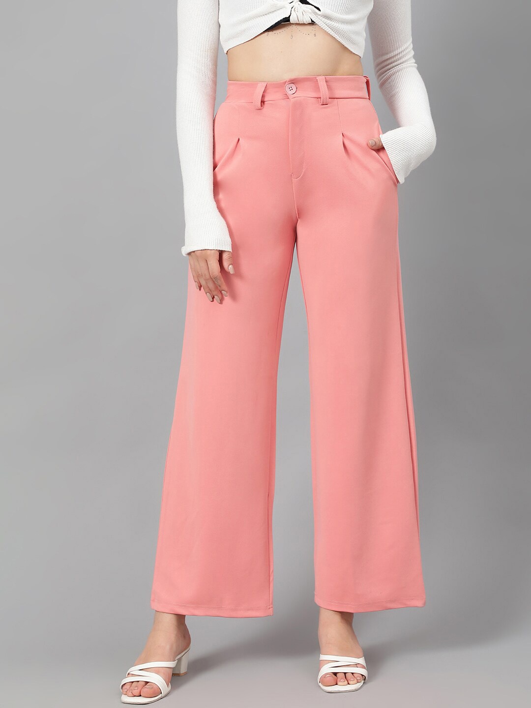 

Kotty Women Pink Relaxed Straight Leg Fit High-Rise Easy Wash Parallel Trousers