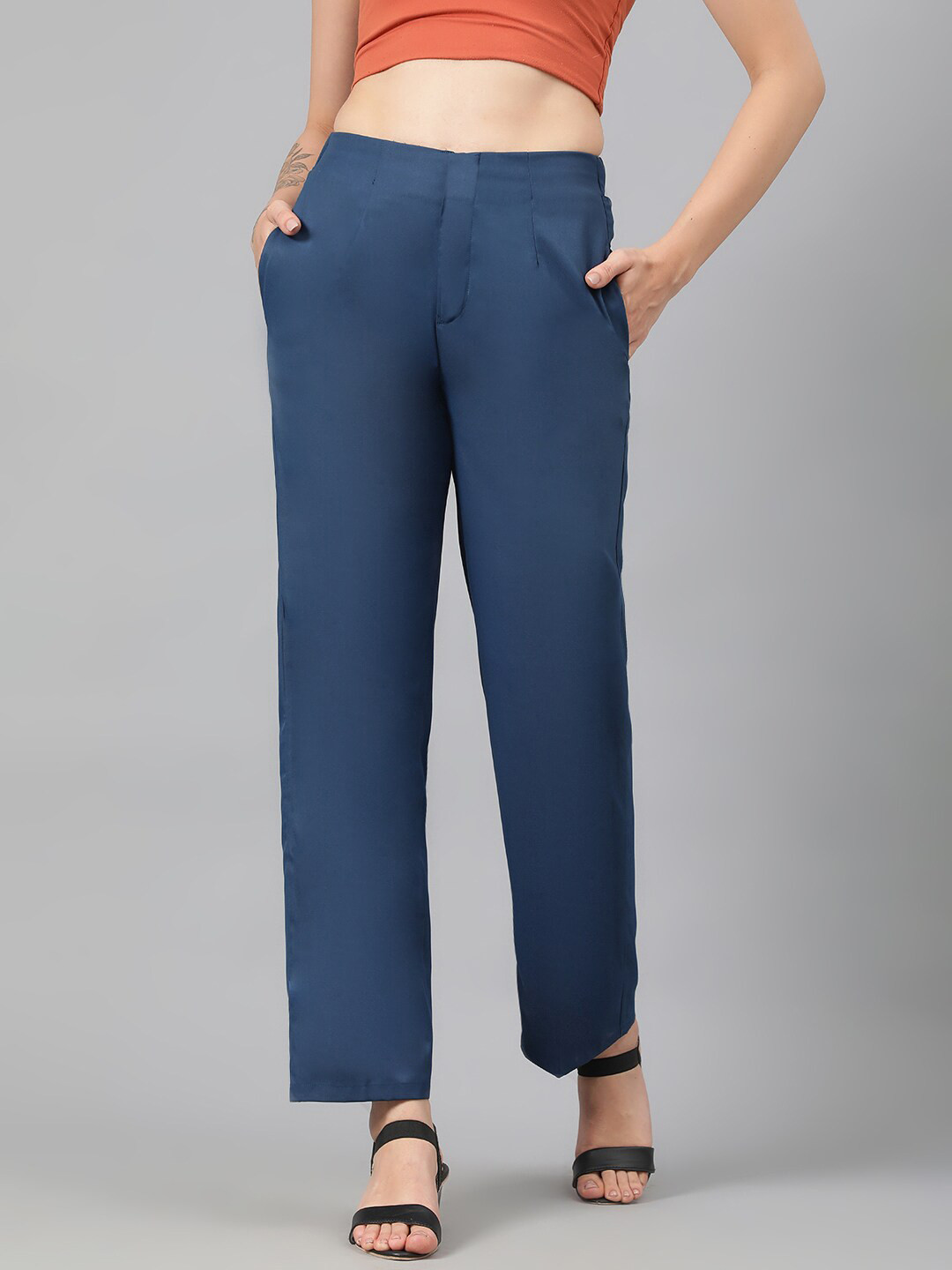 

Kotty Women Teal Blue Relaxed Straight Leg Fit High-Rise Easy Wash Trousers