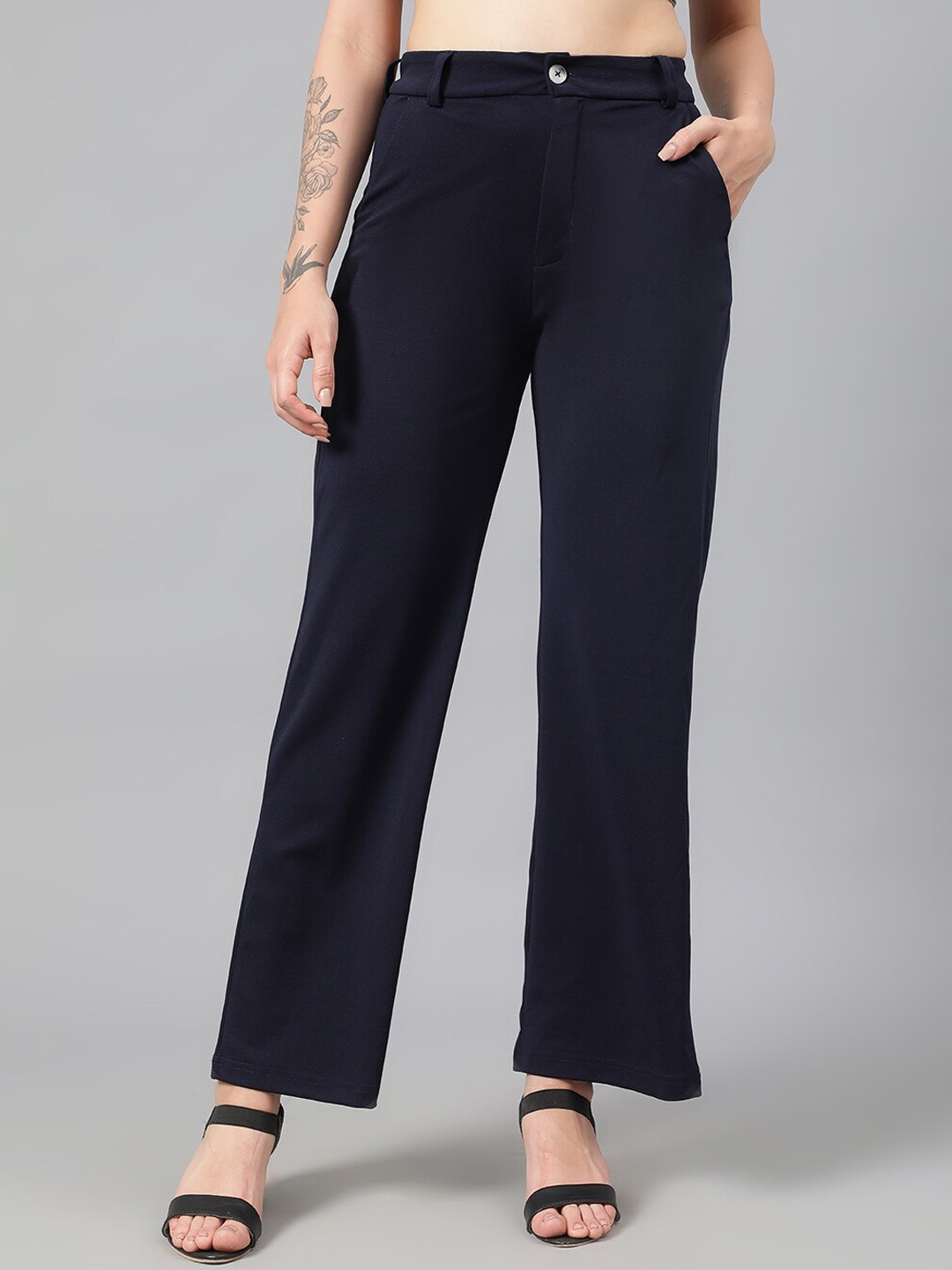 

KOTTY BIZwear Women Navy Blue Relaxed Straight Leg Fit High-Rise Easy Wash Parallel Trousers