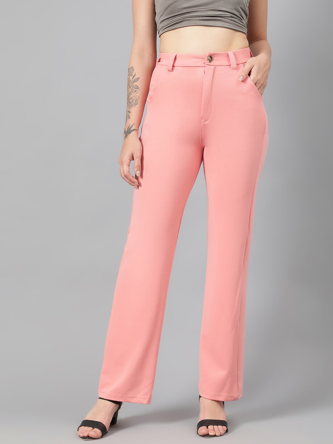 

Kotty Women Pink Relaxed Straight Leg Fit High-Rise Easy Wash Parallel Trousers