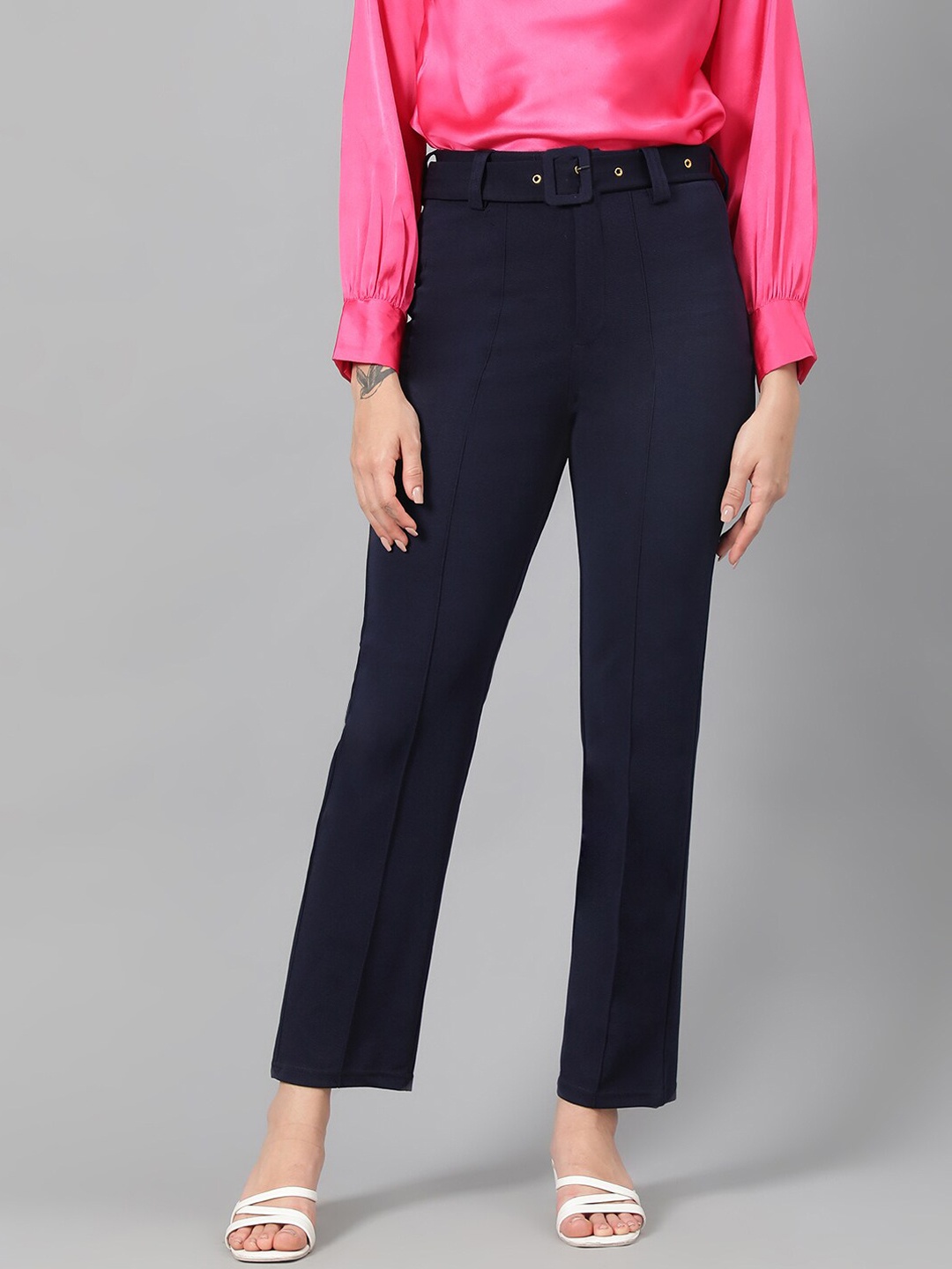 

Kotty Women Navy Blue Relaxed Straight Leg Fit High-Rise Easy Wash Trousers