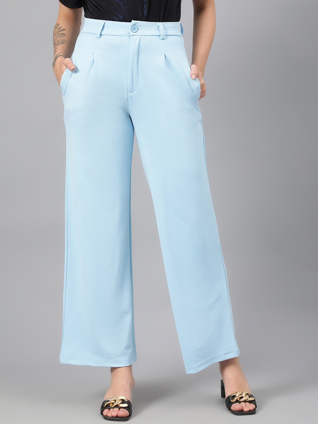 

KOTTY BIZwear Women Blue Relaxed Straight Leg Fit High-Rise Easy Wash Parallel Trousers