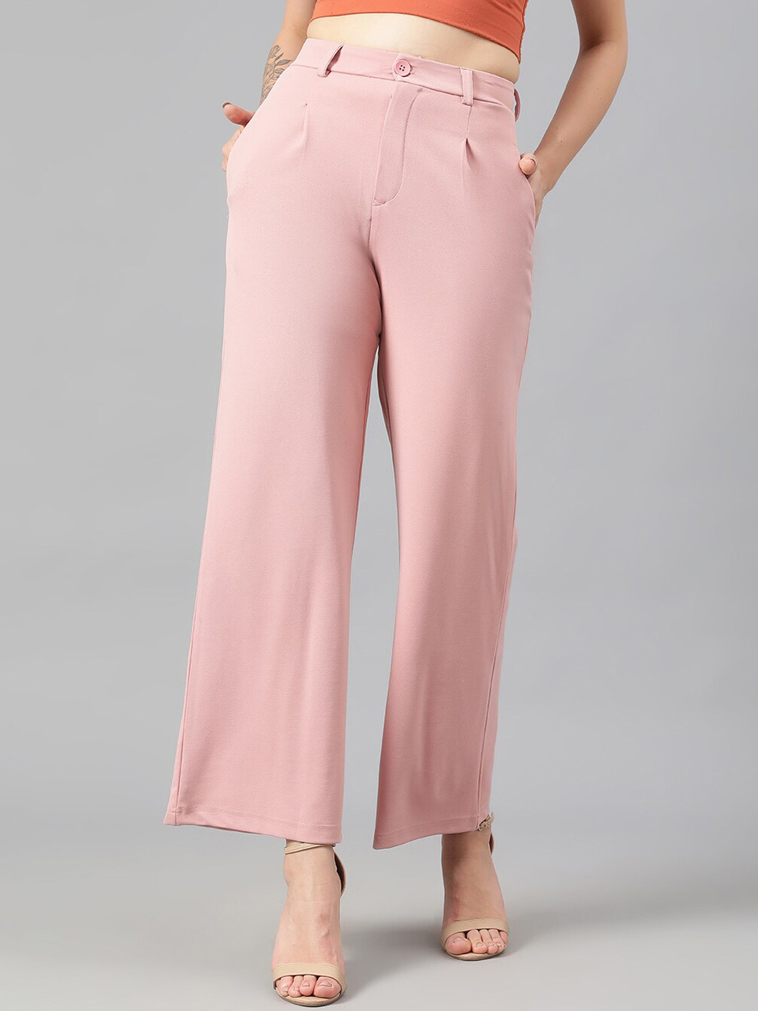 

KOTTY BIZwear Women Pink Relaxed Straight Leg Fit High-Rise Easy Wash Parallel Trousers