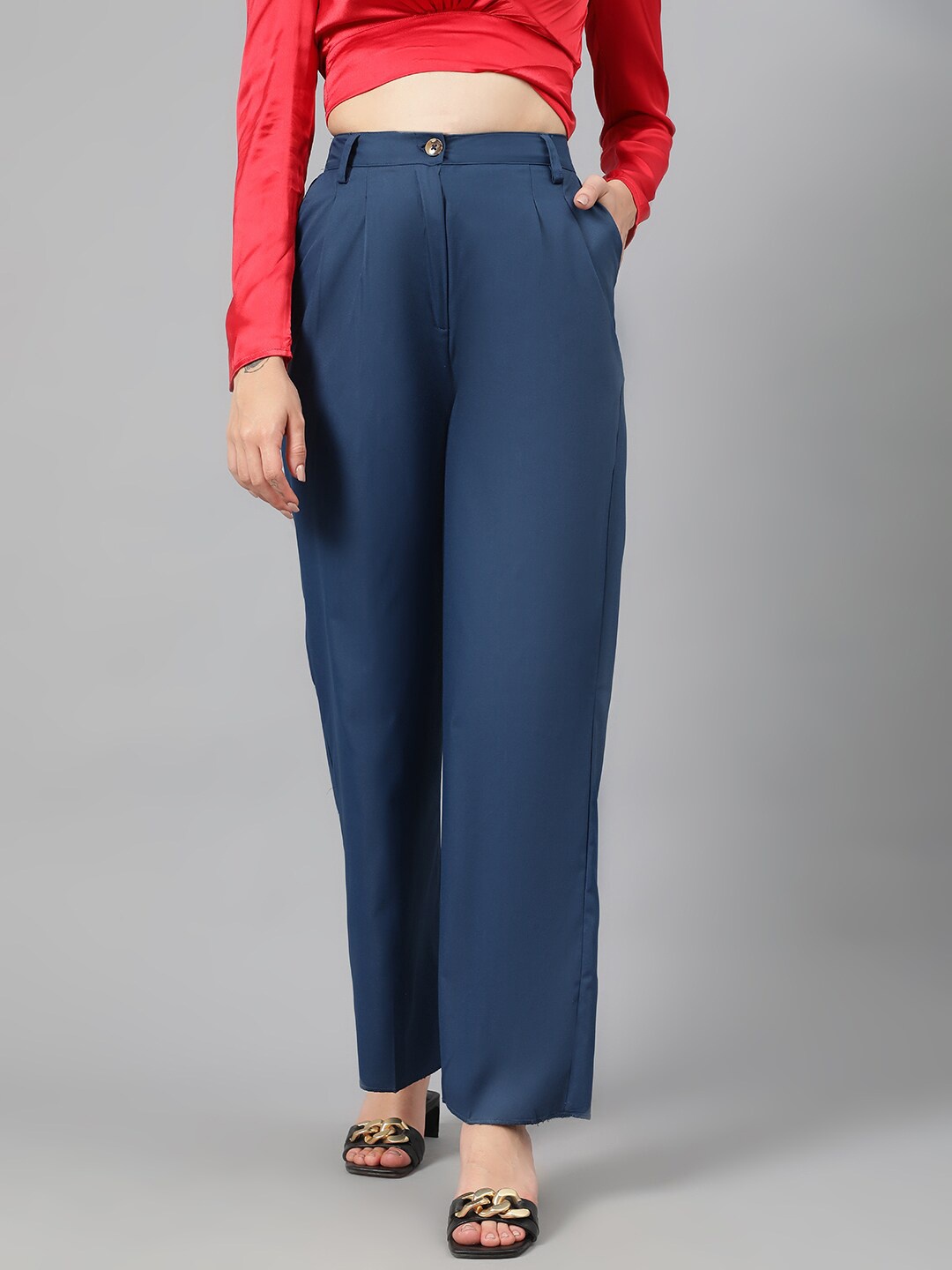 

KOTTY BIZwear Women Blue High-Rise Relaxed Straight Leg Straight Fit Easy Wash Pleated Trousers