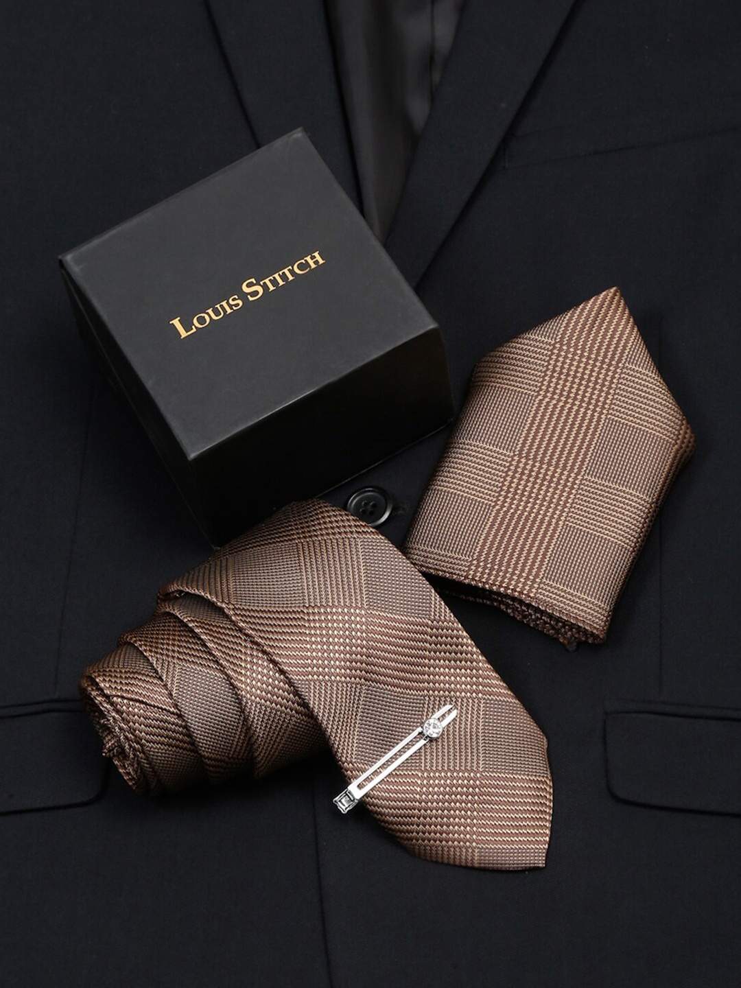 

LOUIS STITCH Men Maple Brown Italian Silk Necktie Accessory Gift Set