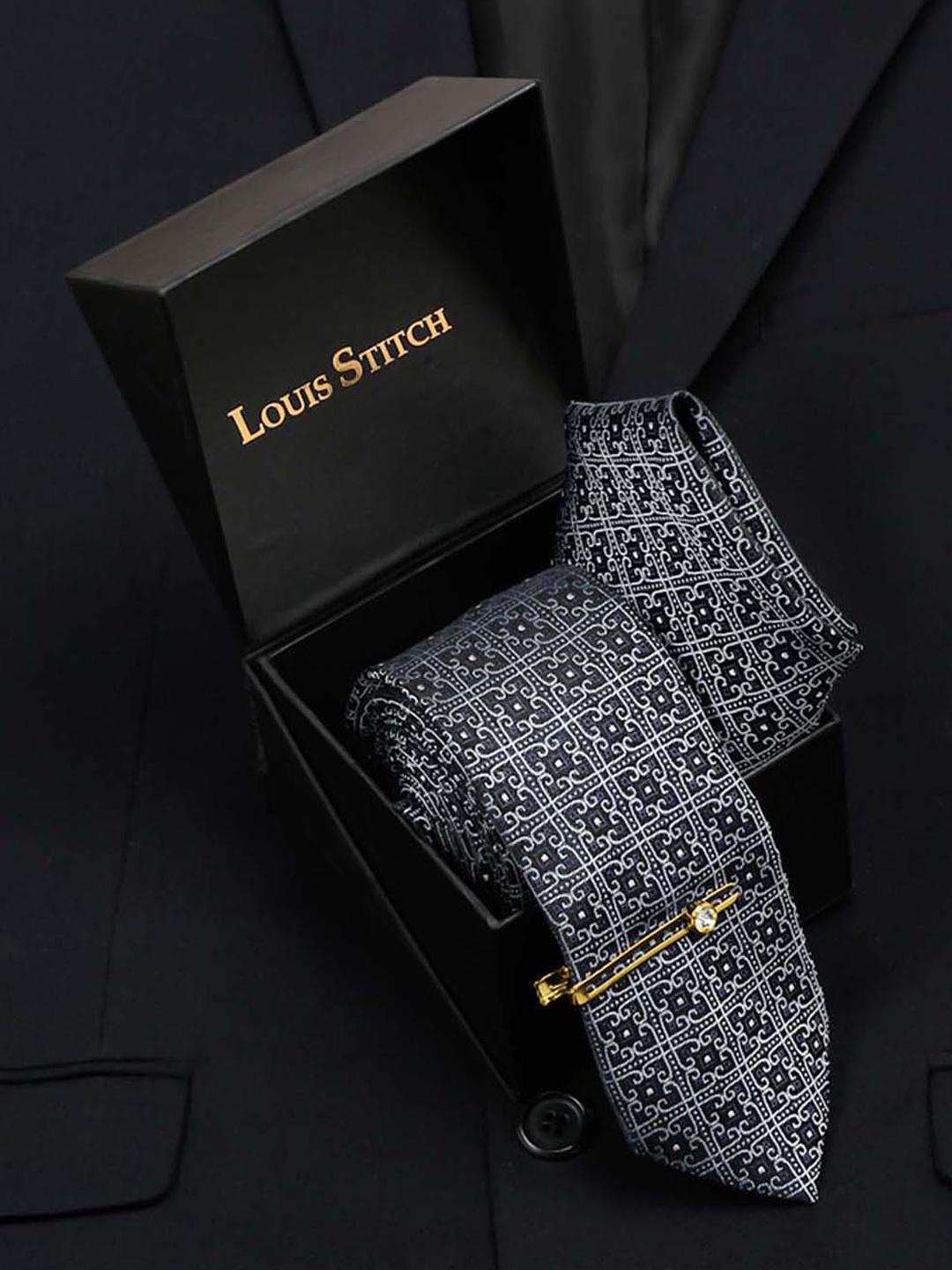 

LOUIS STITCH Men Silk Necktie Accessory Gift Set, Blue