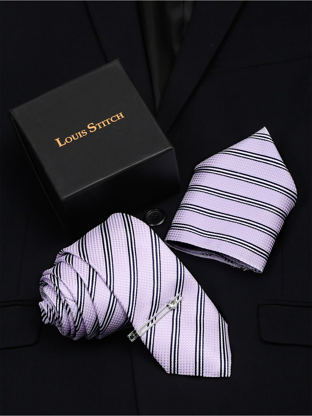 

LOUIS STITCH Men Italian Silk Necktie Accessory Gift Set, Purple