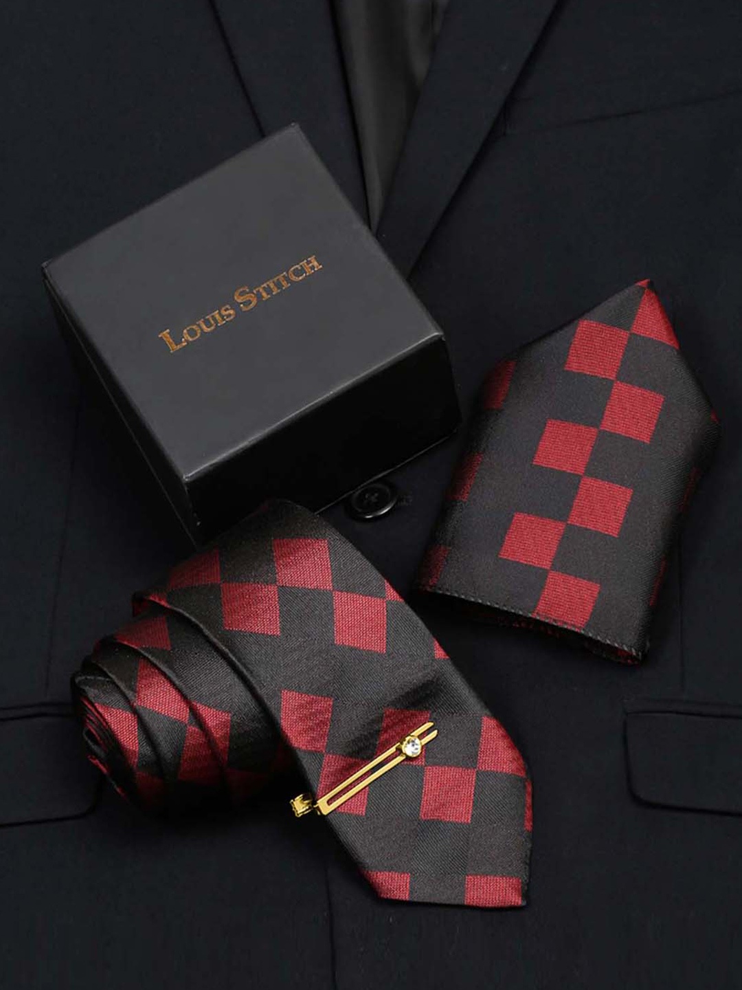 

LOUIS STITCH Men's Black and Red Italian Silk Necktie Accessory Gift Set