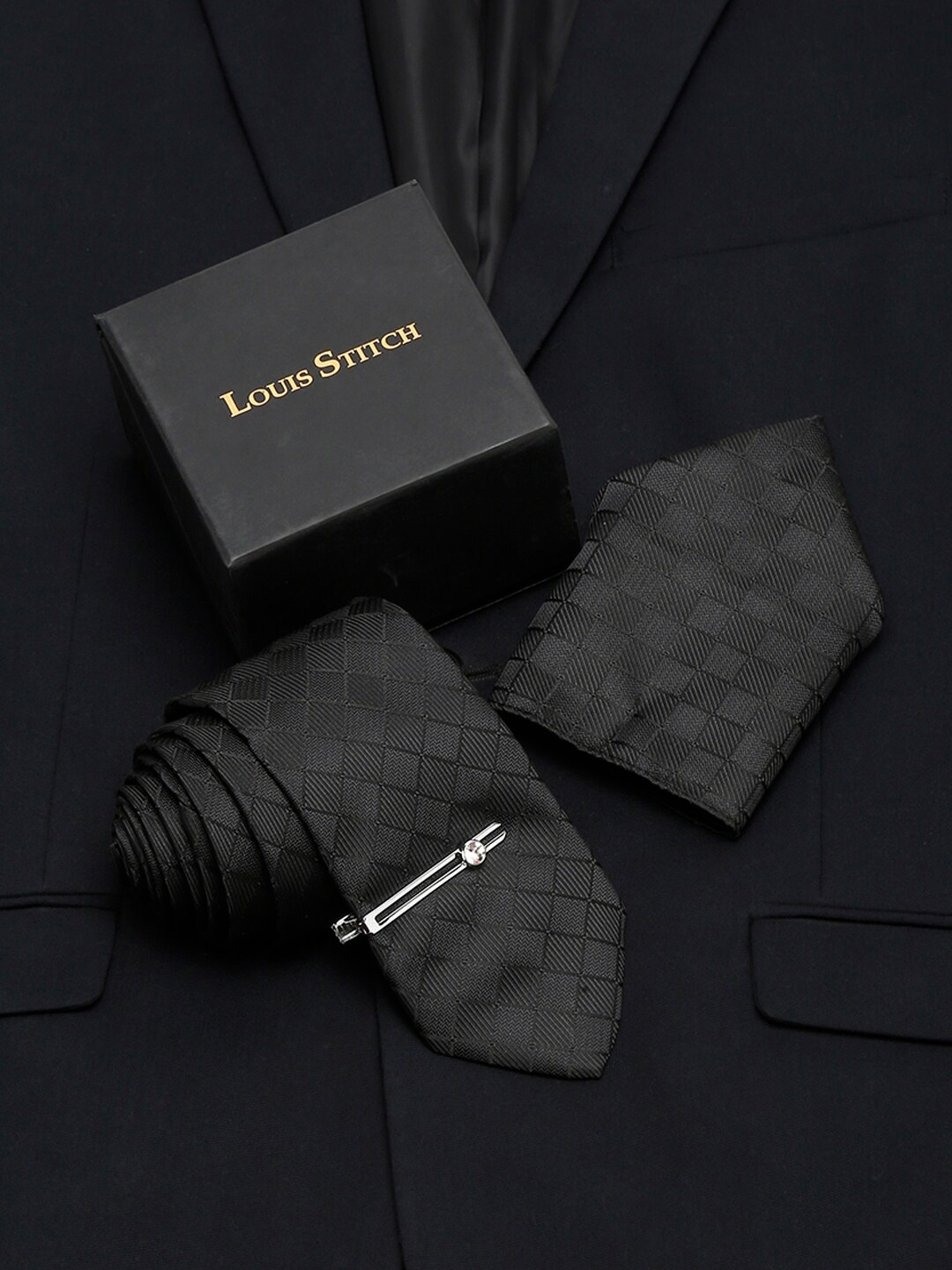 

LOUIS STITCH Men Sable Black Italian Silk Necktie Accessory Gift Set