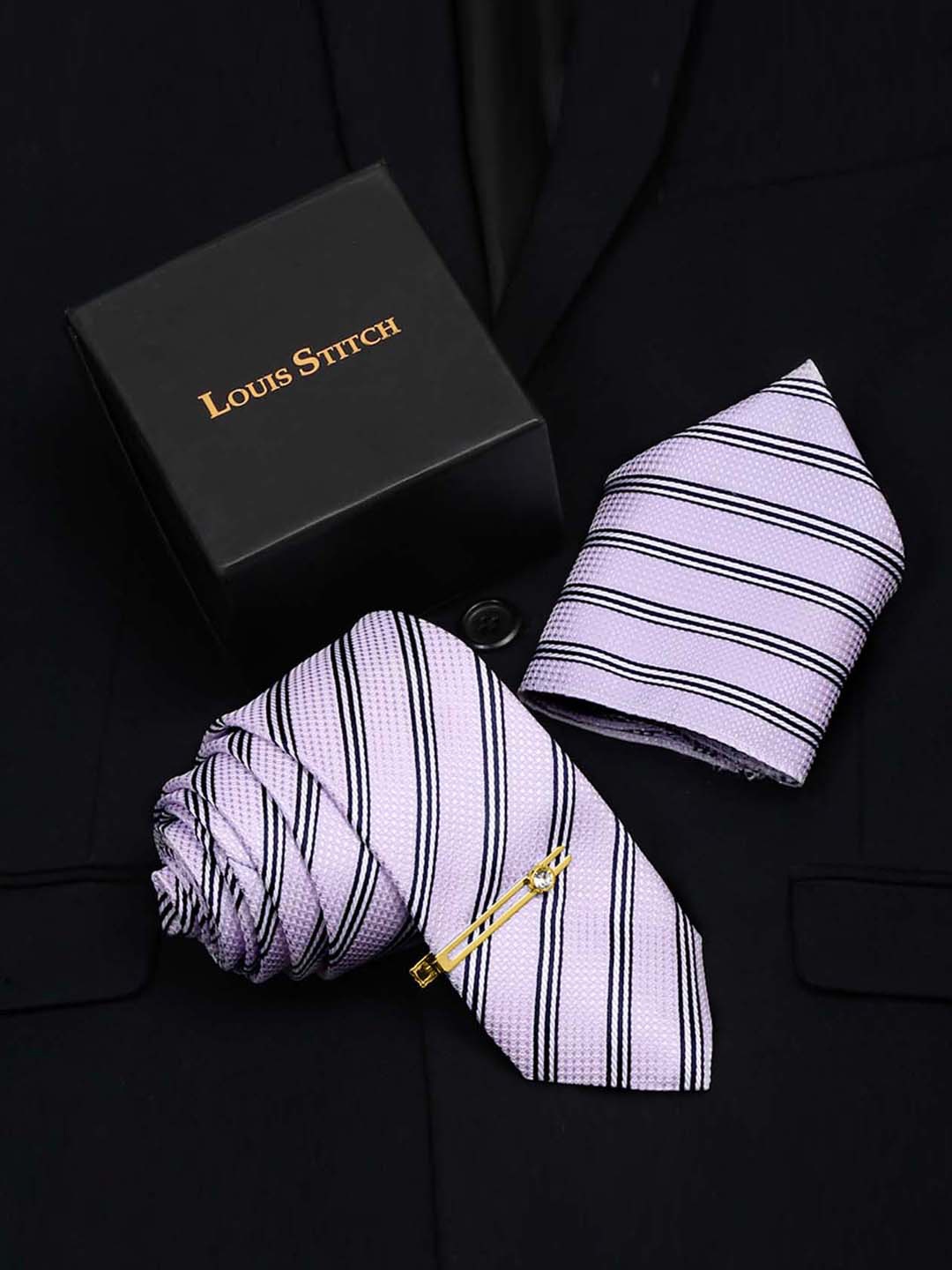 

LOUIS STITCH Men Lavender Italian Silk Necktie Accessory Gift Set, Purple