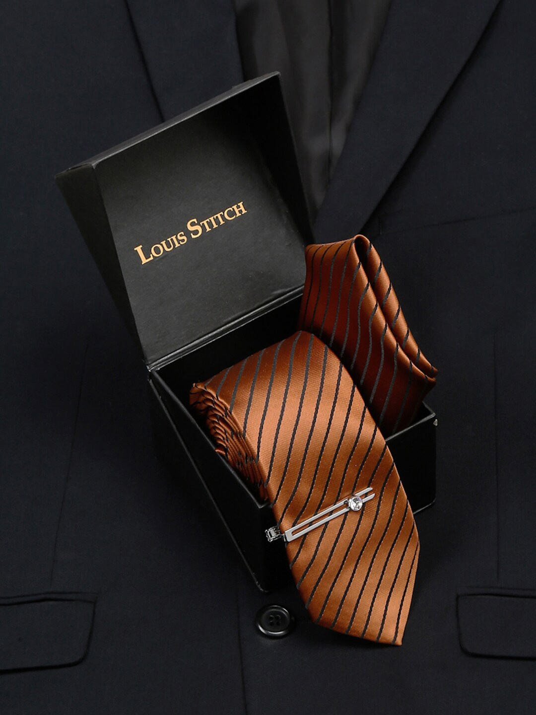 

LOUIS STITCH Men Italian Silk Necktie Accessory Gift Set, Brown