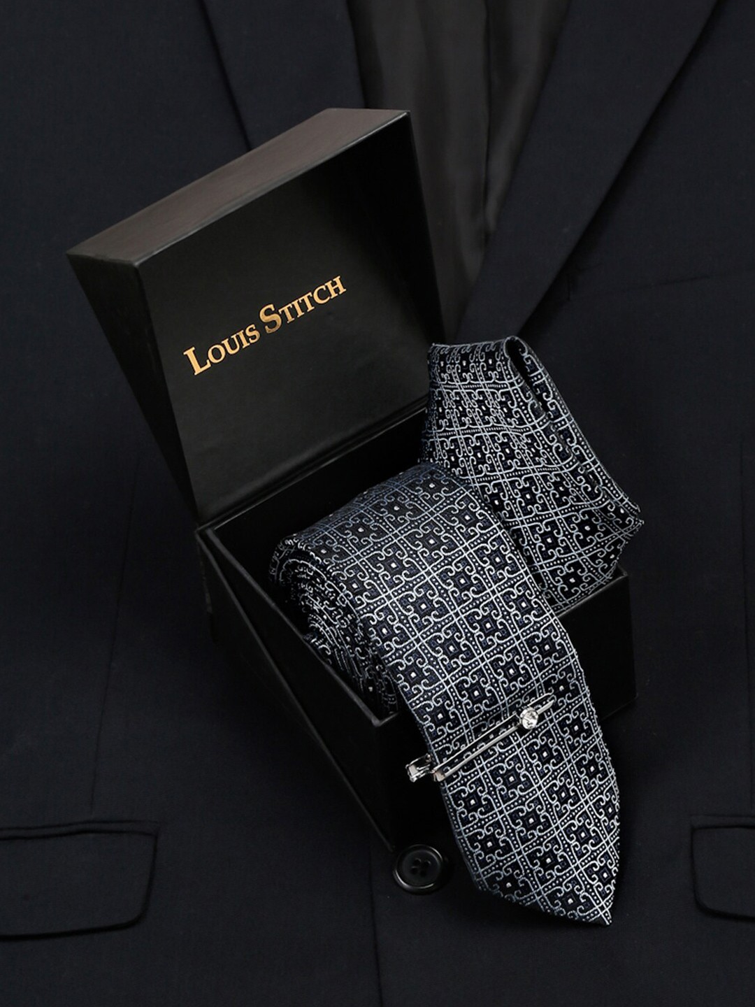 

LOUIS STITCH Men Silk Necktie Accessory Gift Set, Blue