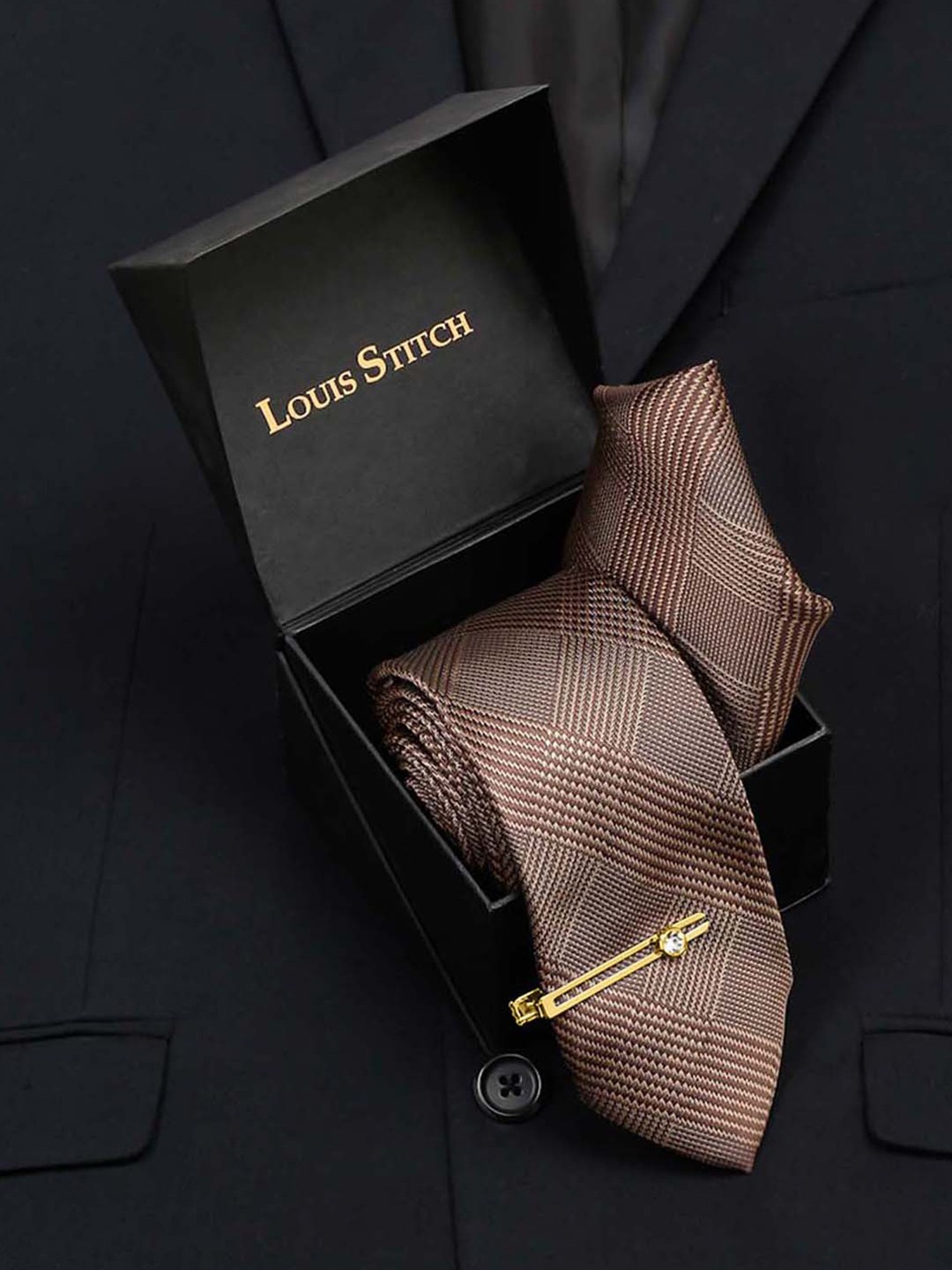 

LOUIS STITCH Men Maple Brown Italian Silk Necktie Accessory Gift Set