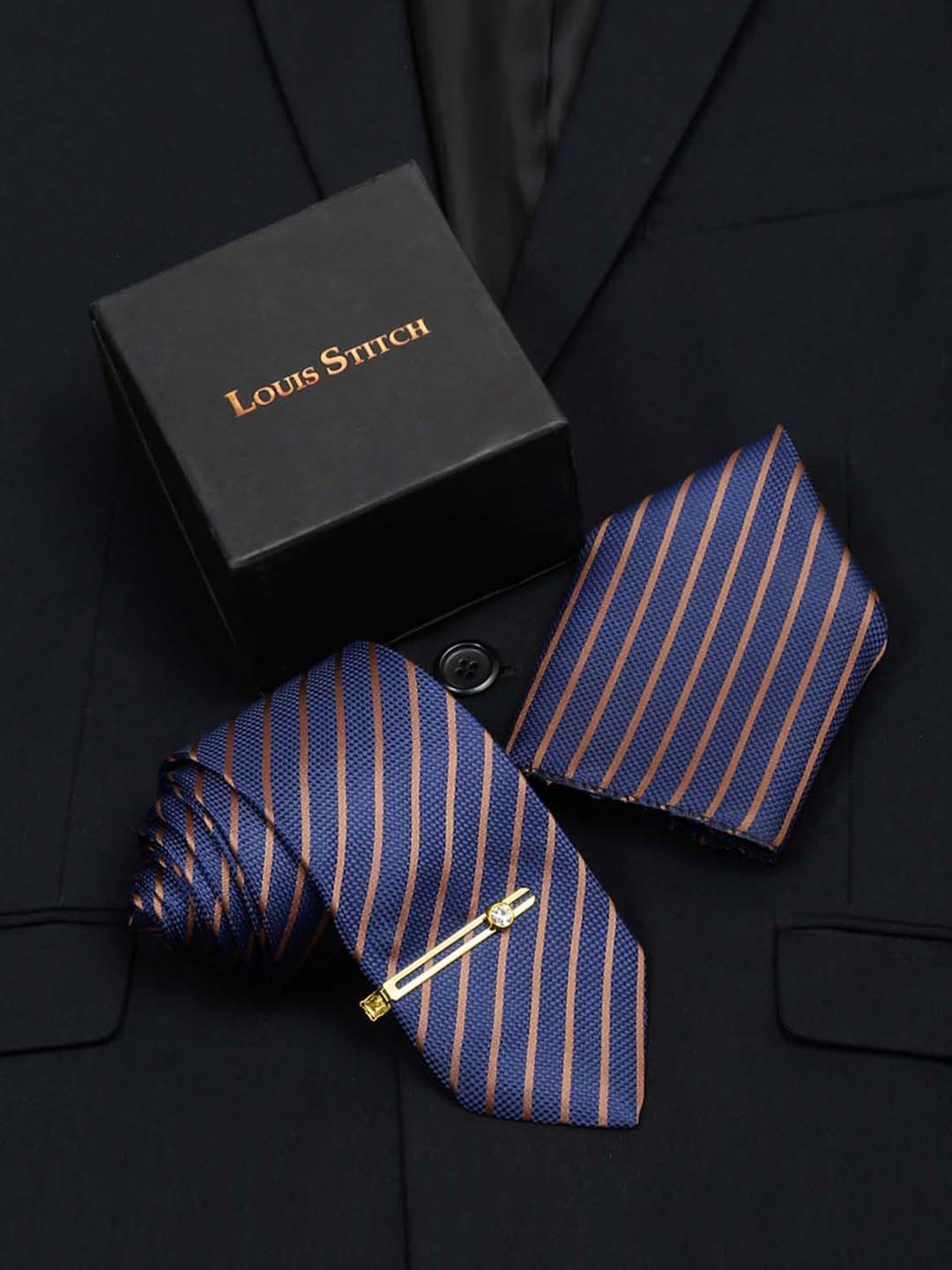 

LOUIS STITCH Men Silk Necktie Accessory Gift Set, Blue