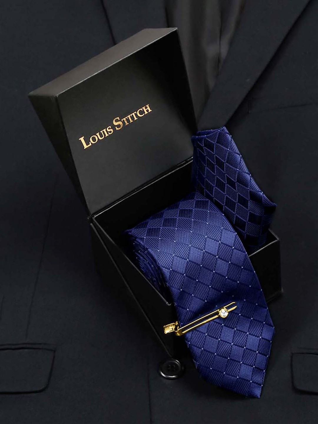 

LOUIS STITCH Men Silk Necktie Accessory Gift Set, Blue