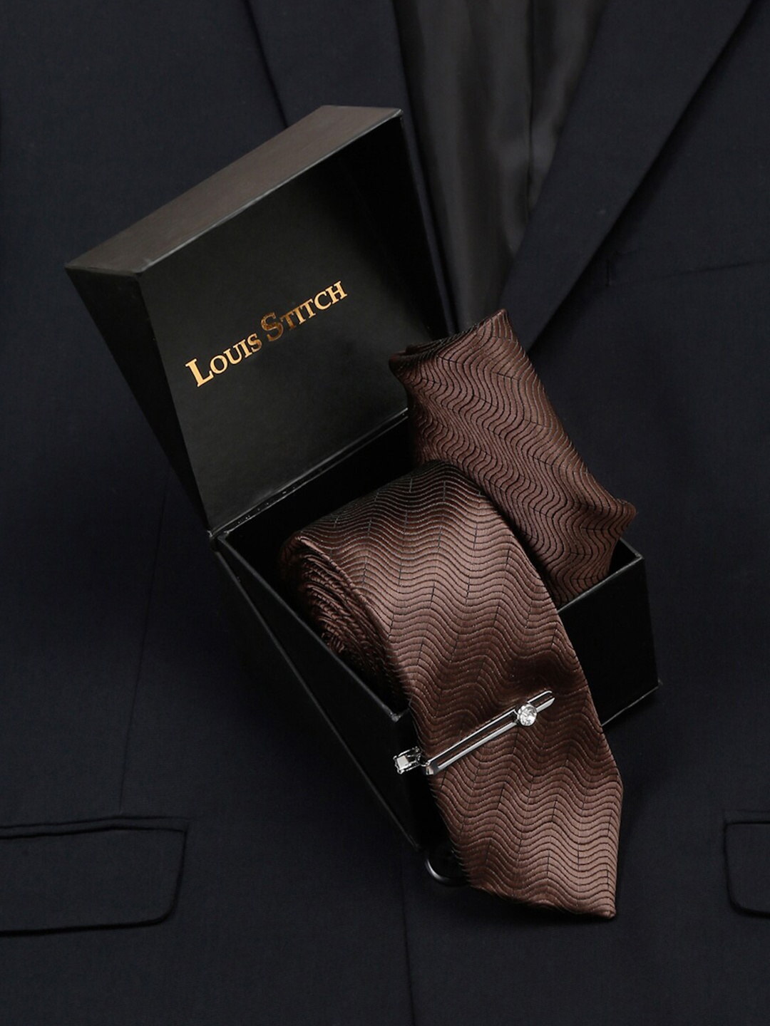 

LOUIS STITCH Men Van Dyke Brown Italian Silk Necktie Accessory Gift Set