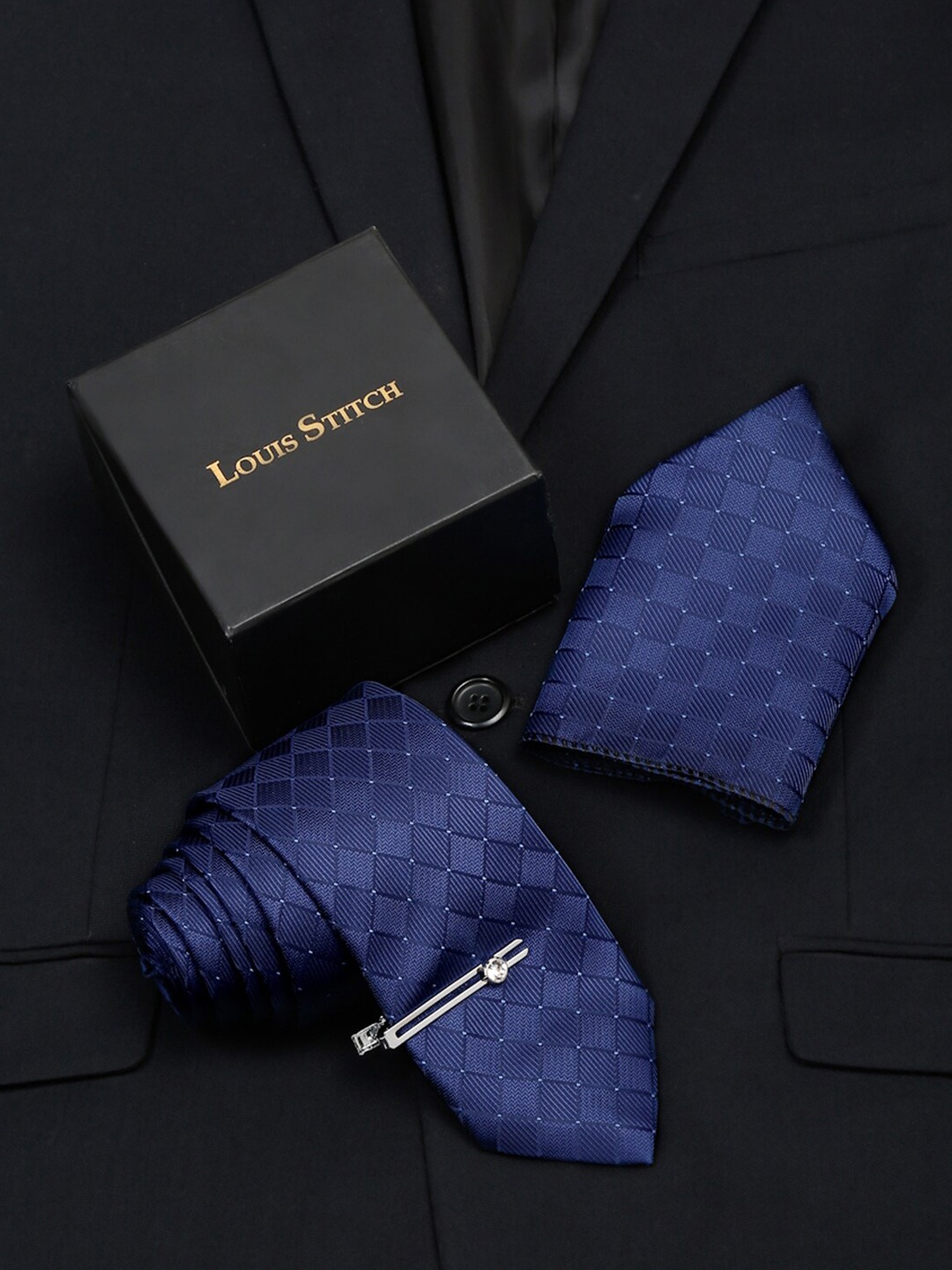 

LOUIS STITCH Men Silk Necktie Accessory Gift Set, Blue