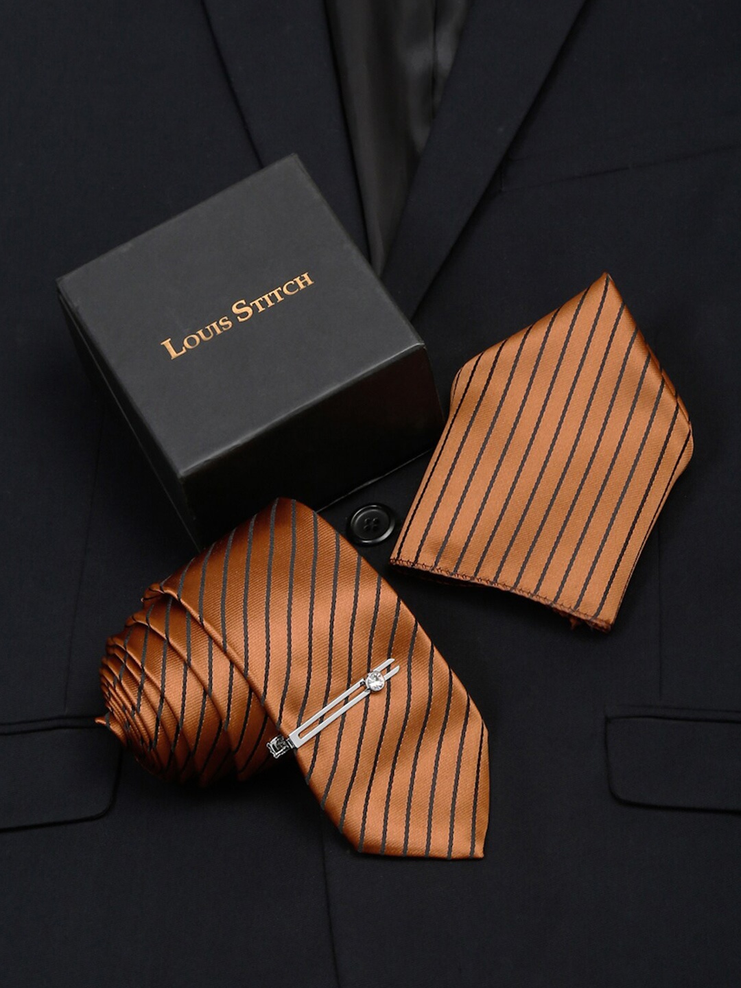 

LOUIS STITCH Men Copper Brown Italian Silk Necktie Accessory Gift Set