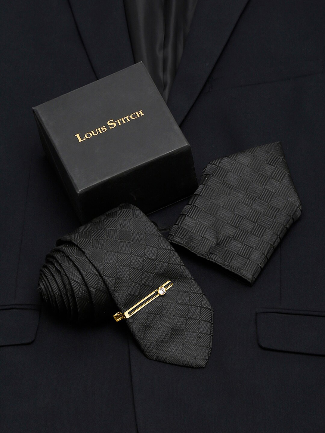 

LOUIS STITCH Men's Sable Black Italian Silk Necktie Accessory Gift Set