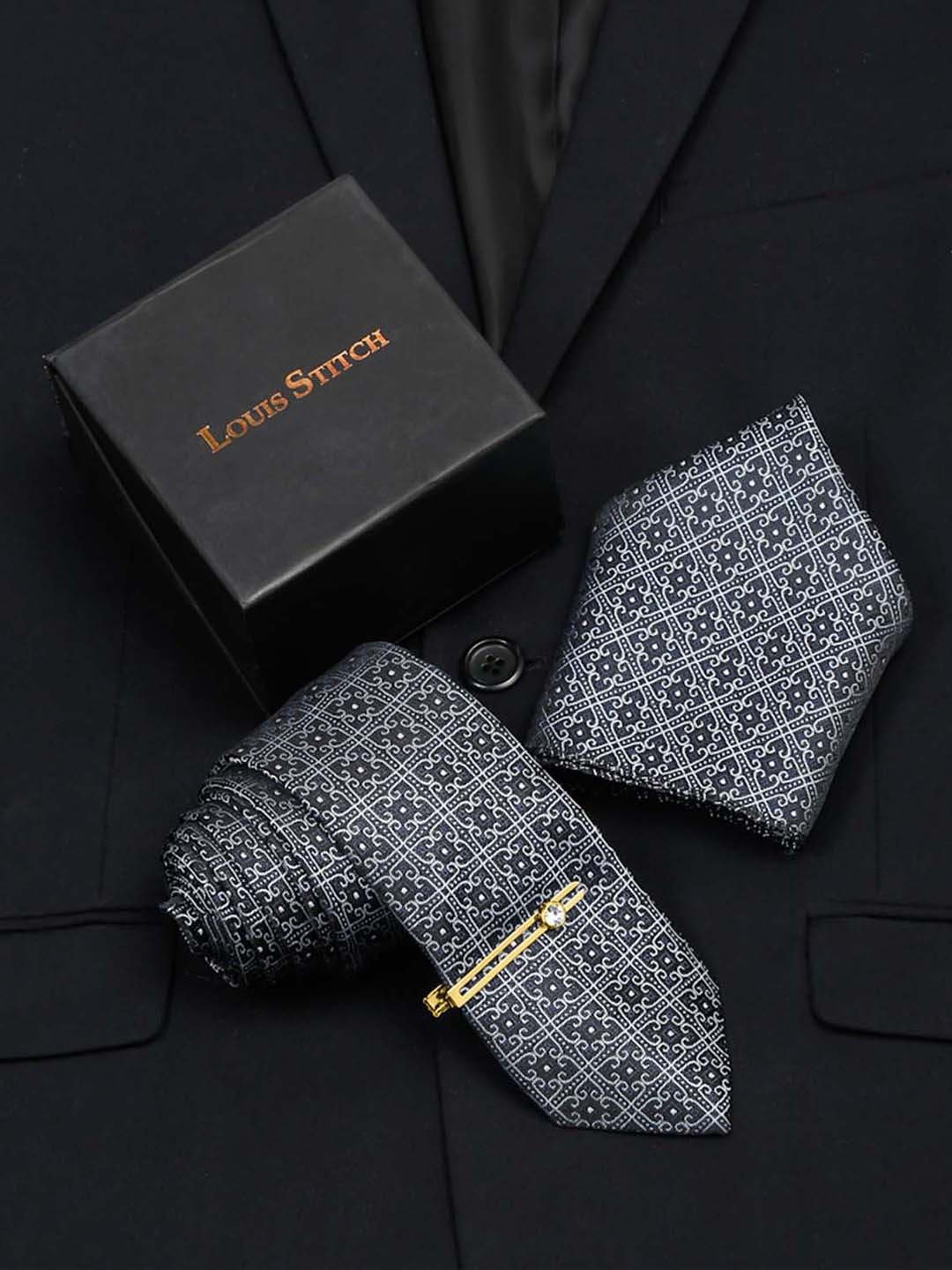 

LOUIS STITCH Men Silk Necktie Accessory Gift Set, Blue
