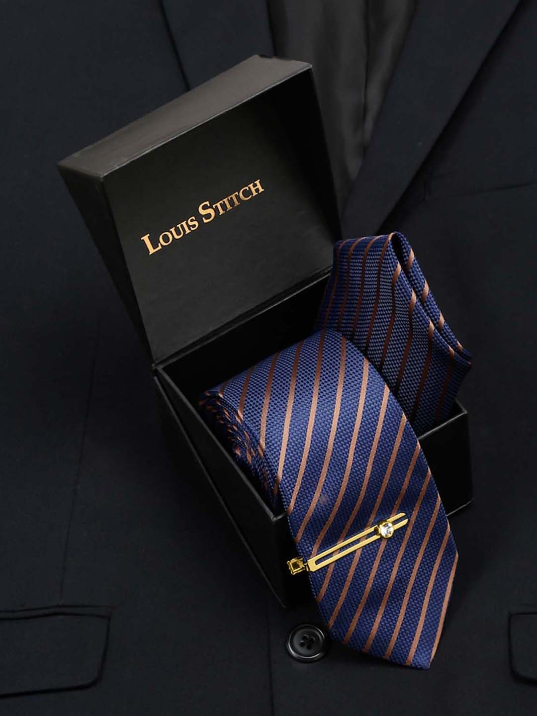 

LOUIS STITCH Men Silk Necktie Accessory Gift Set, Blue