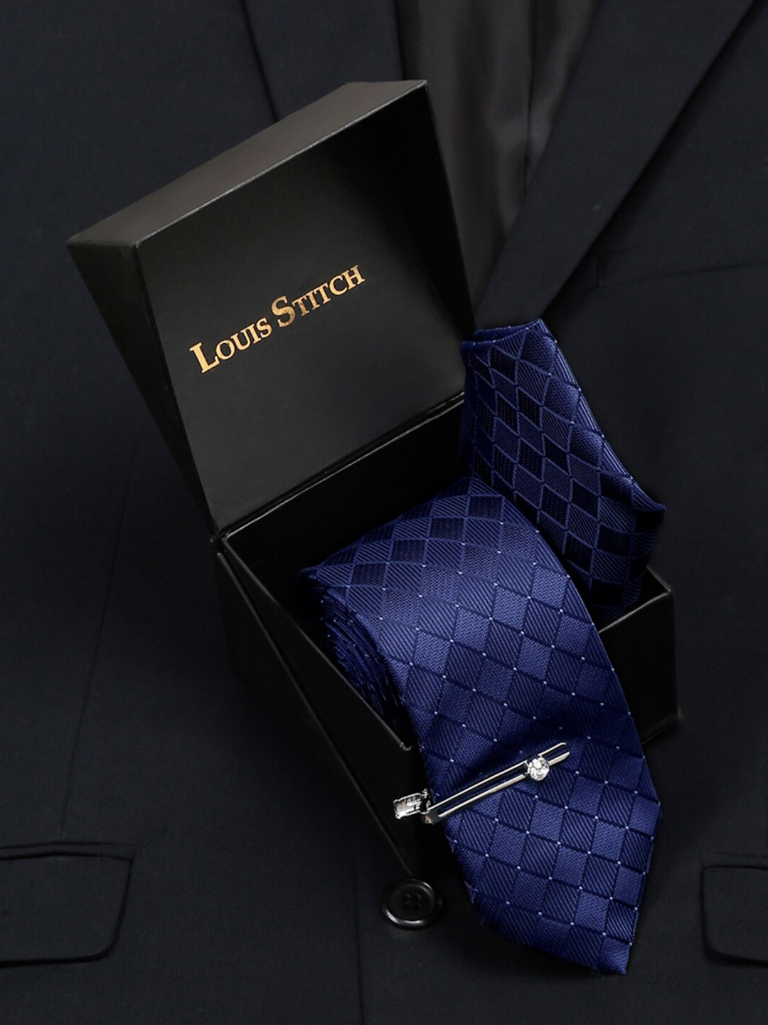 

LOUIS STITCH Men Silk Necktie Accessory Gift Set, Blue