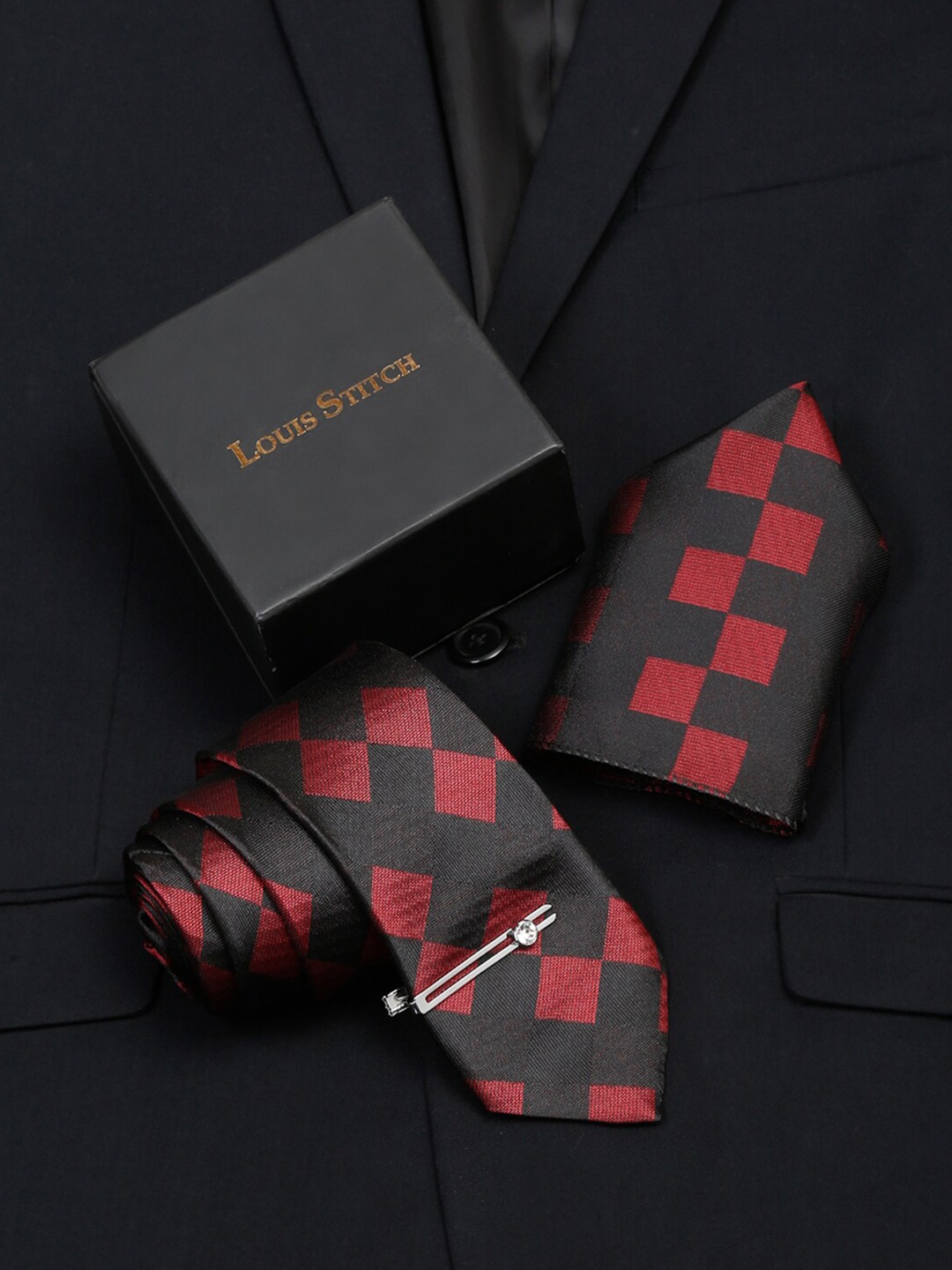 

LOUIS STITCH Men Italian Silk Necktie Accessory Gift Set, Black