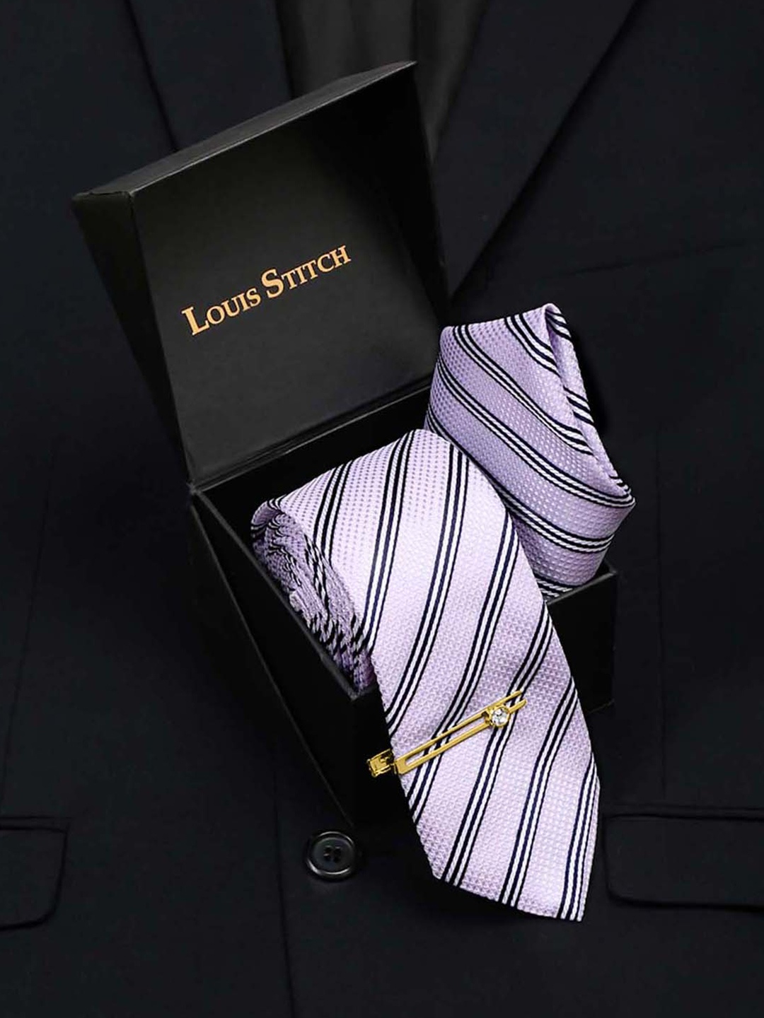 

LOUIS STITCH Men Italian Silk Necktie Accessory Gift Set, Purple