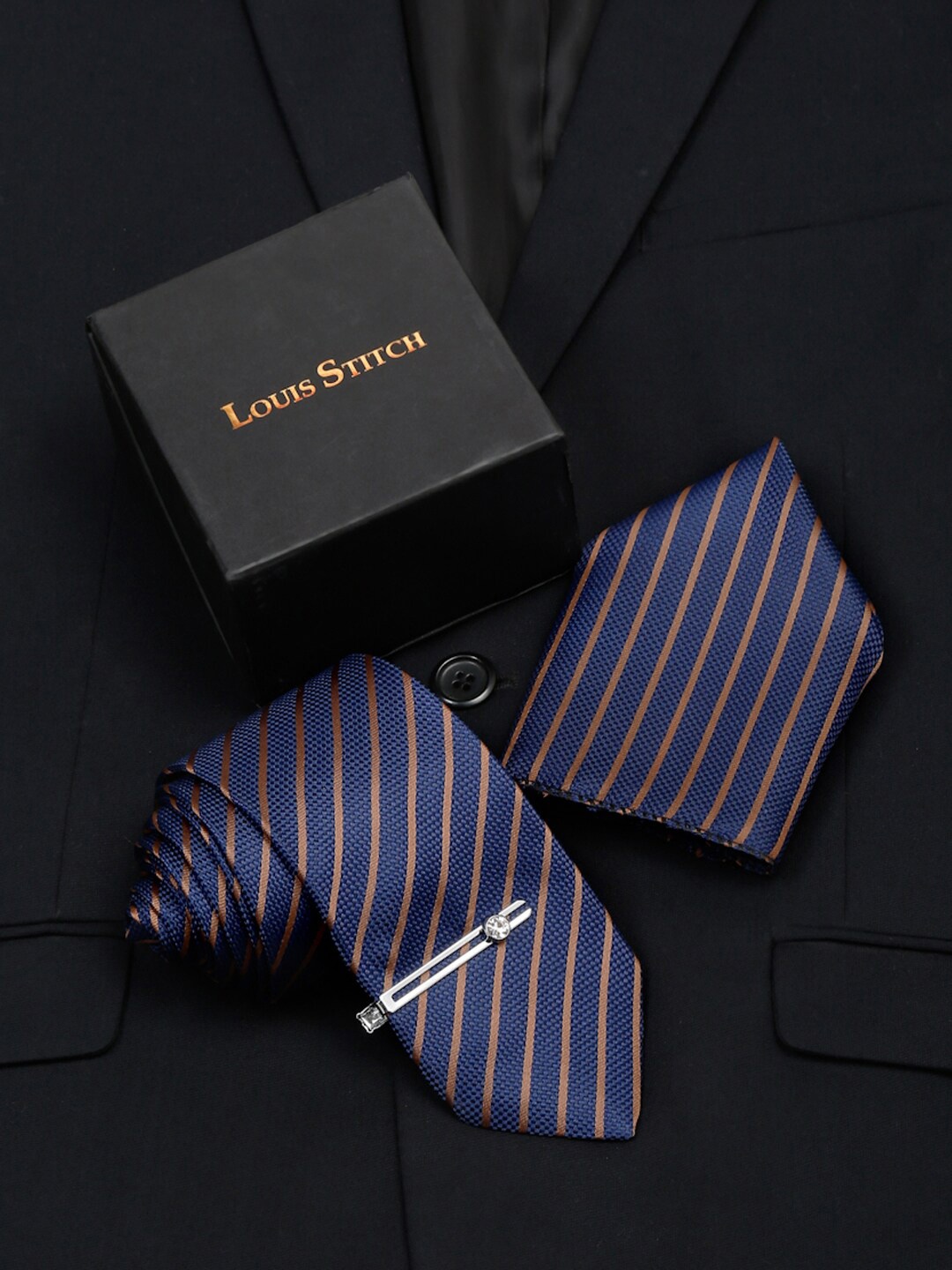 

LOUIS STITCH Men Silk Necktie Accessory Gift Set, Blue