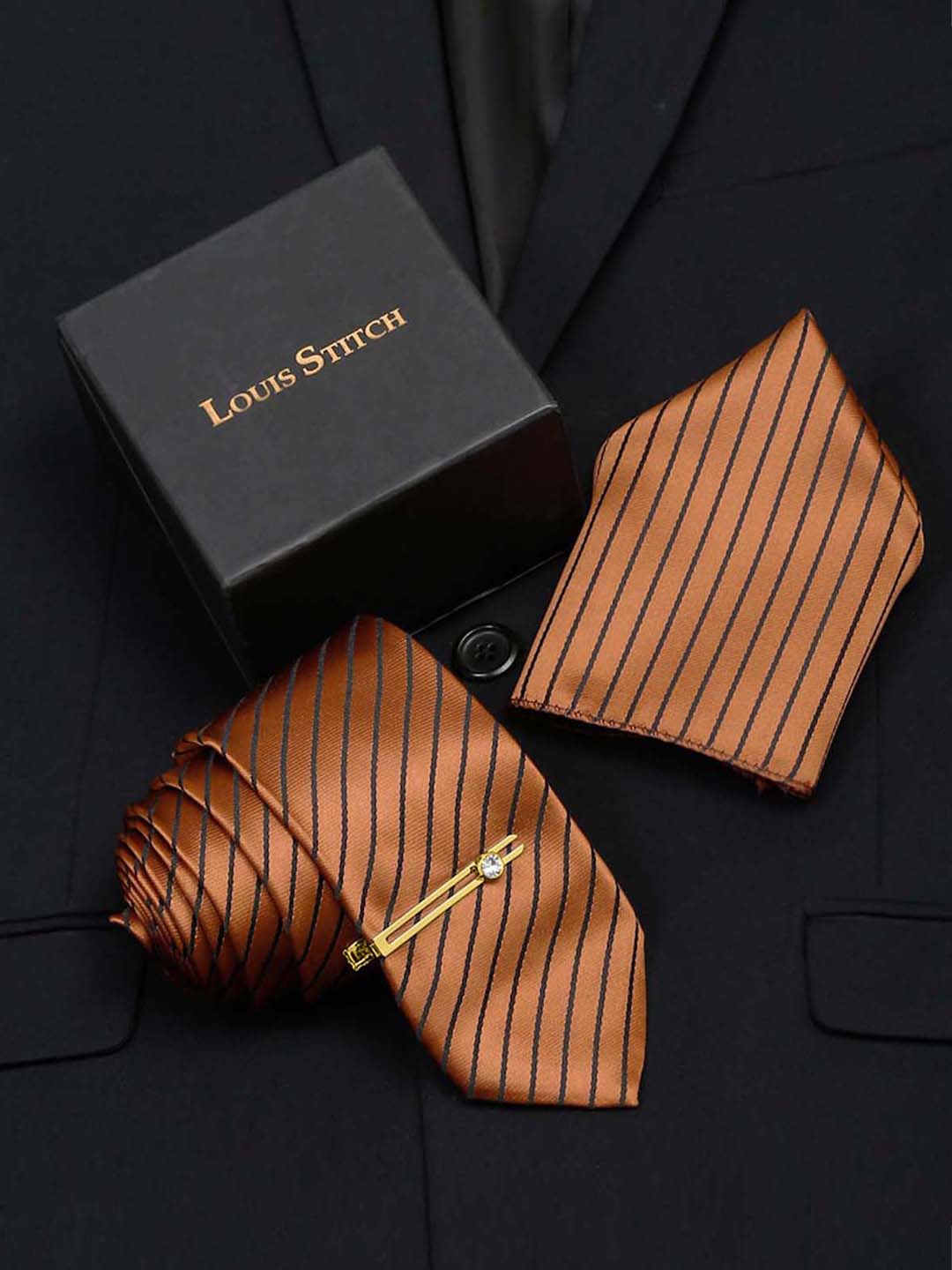 

LOUIS STITCH Men Copper Brown Italian Silk Necktie Accessory Gift Set