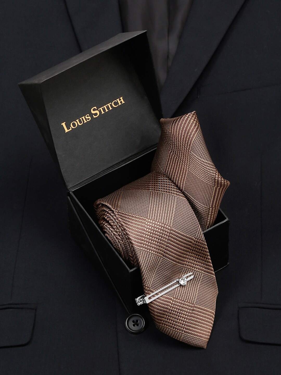 

LOUIS STITCH Men Maple Brown Italian Silk Necktie Accessory Gift Set