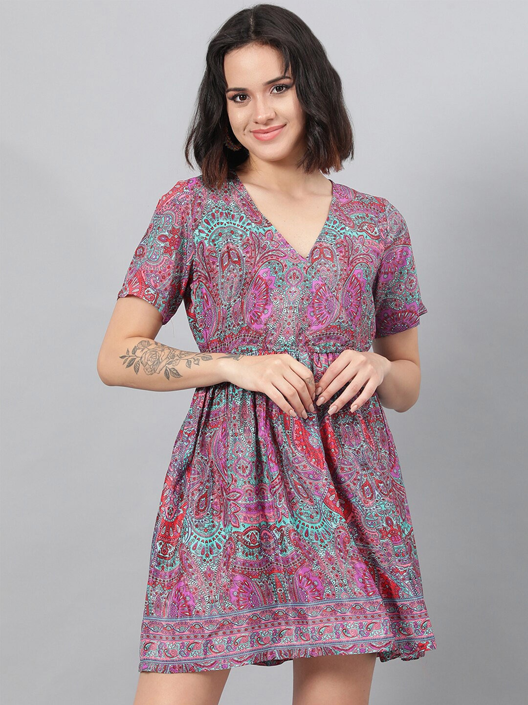 

Kotty Magenta Ethnic Motif Printed Fit & Flare Mini Dress